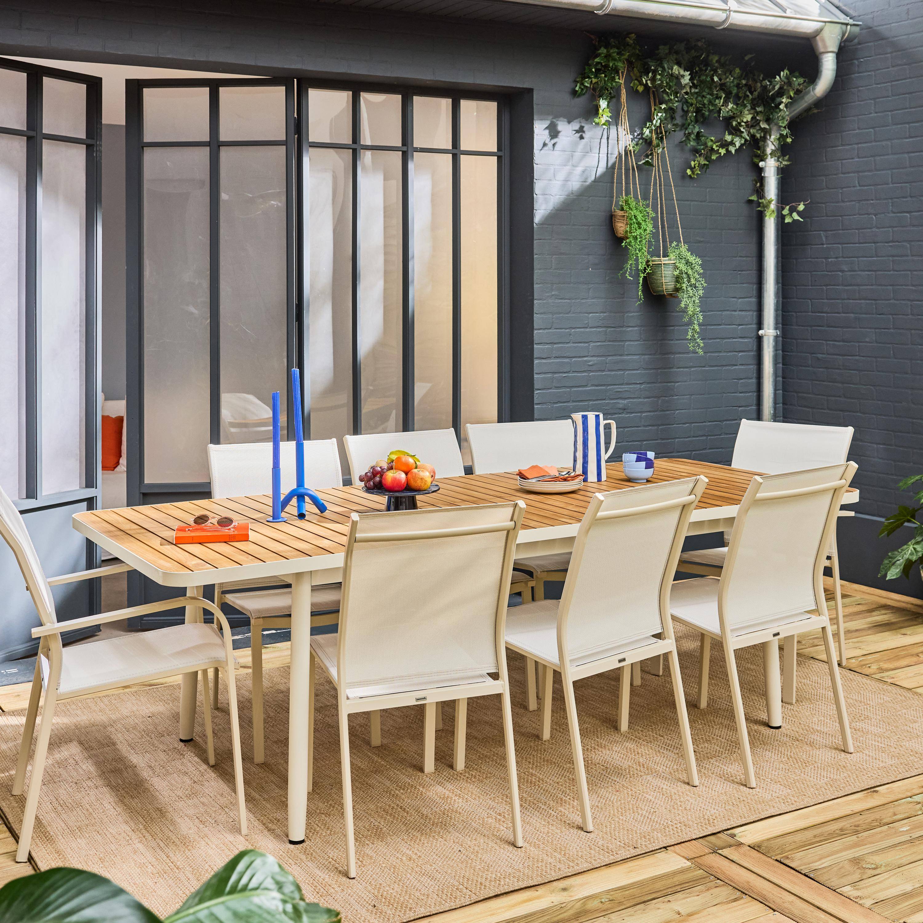 Table de jardin extensible teck et aluminium blanc 8 chaises 2 fauteuils 190/240cm Photo4