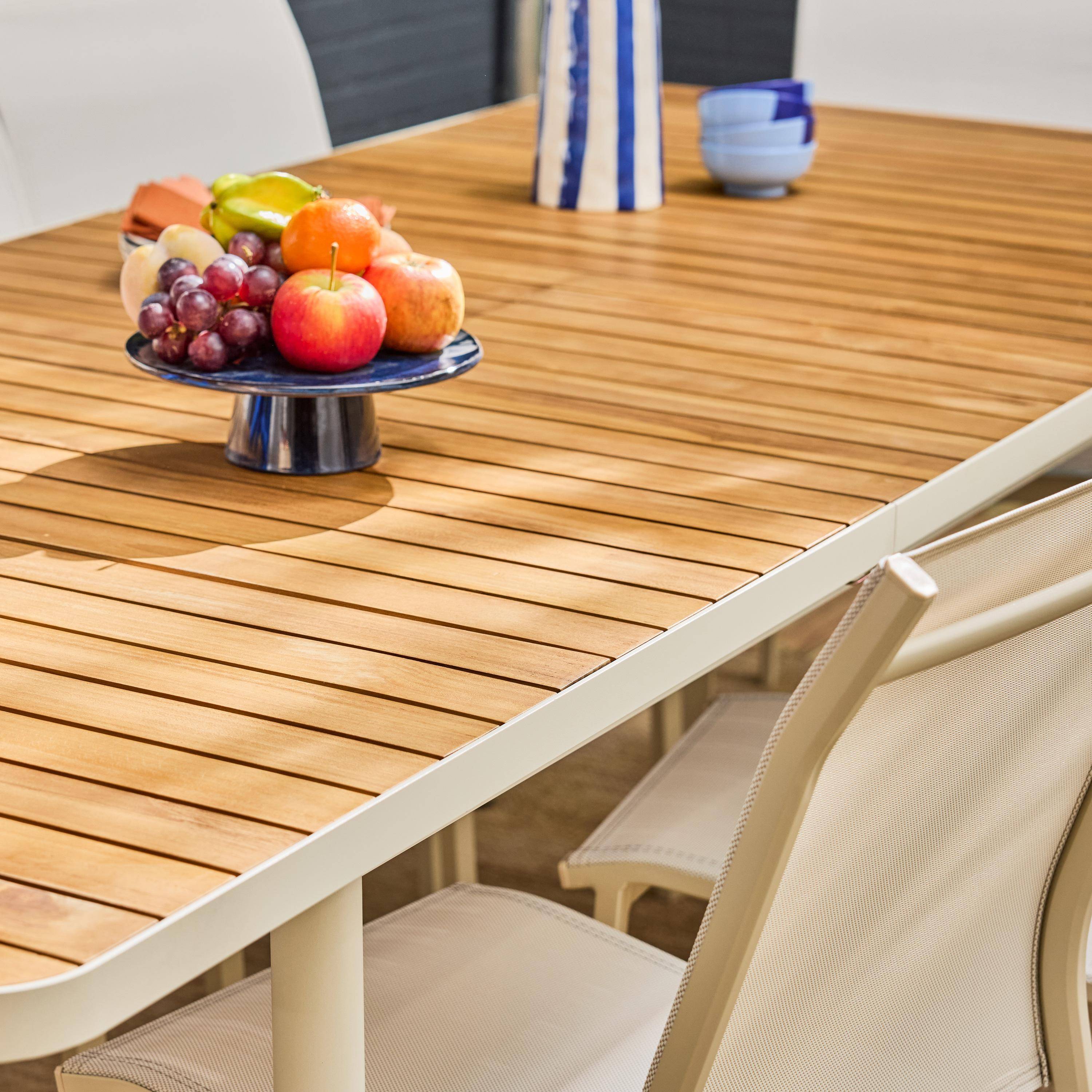 Table de jardin extensible teck et aluminium blanc 8 chaises 2 fauteuils 190/240cm Photo2