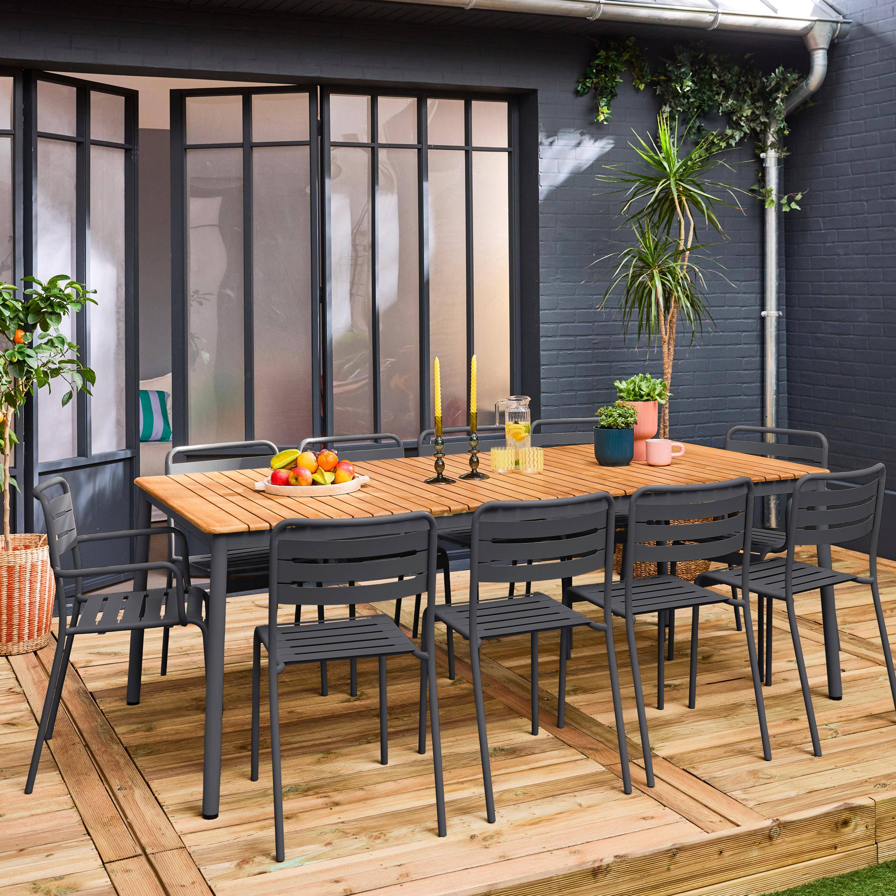 Table de jardin bois et acier + 10 assises anthracite 8 chaises 2 fauteuils 210cm Photo2