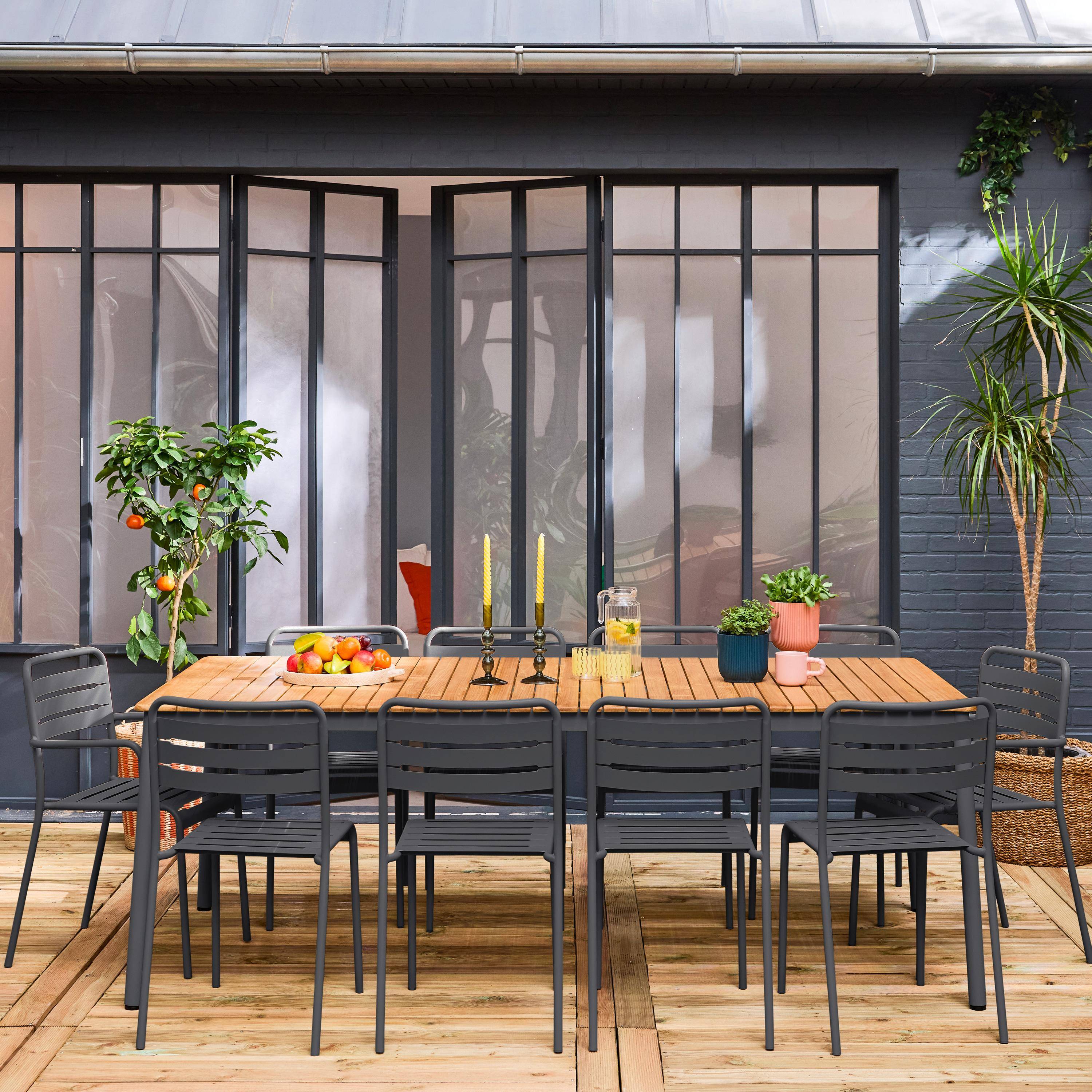 Table de jardin bois et acier + 10 assises anthracite 8 chaises 2 fauteuils 210cm Photo1