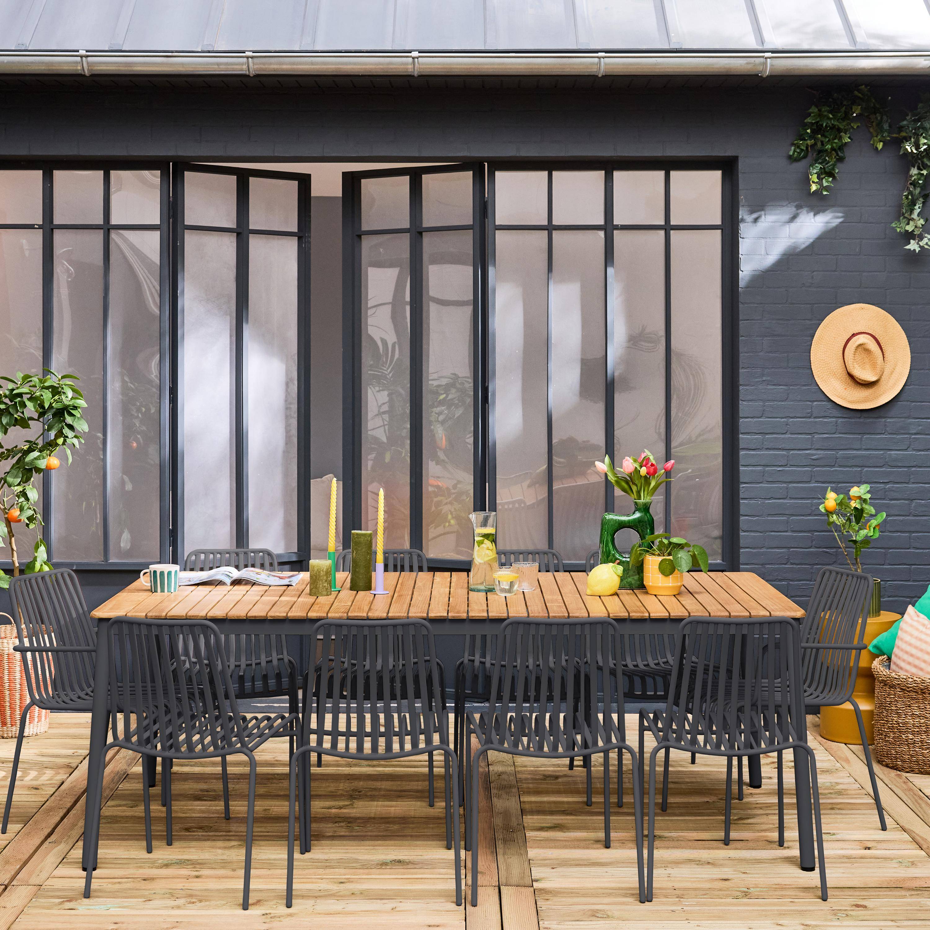 Garden table teak and steel 8 chairs 2 armchairs, Florida + Gili, Anthracite Photo1