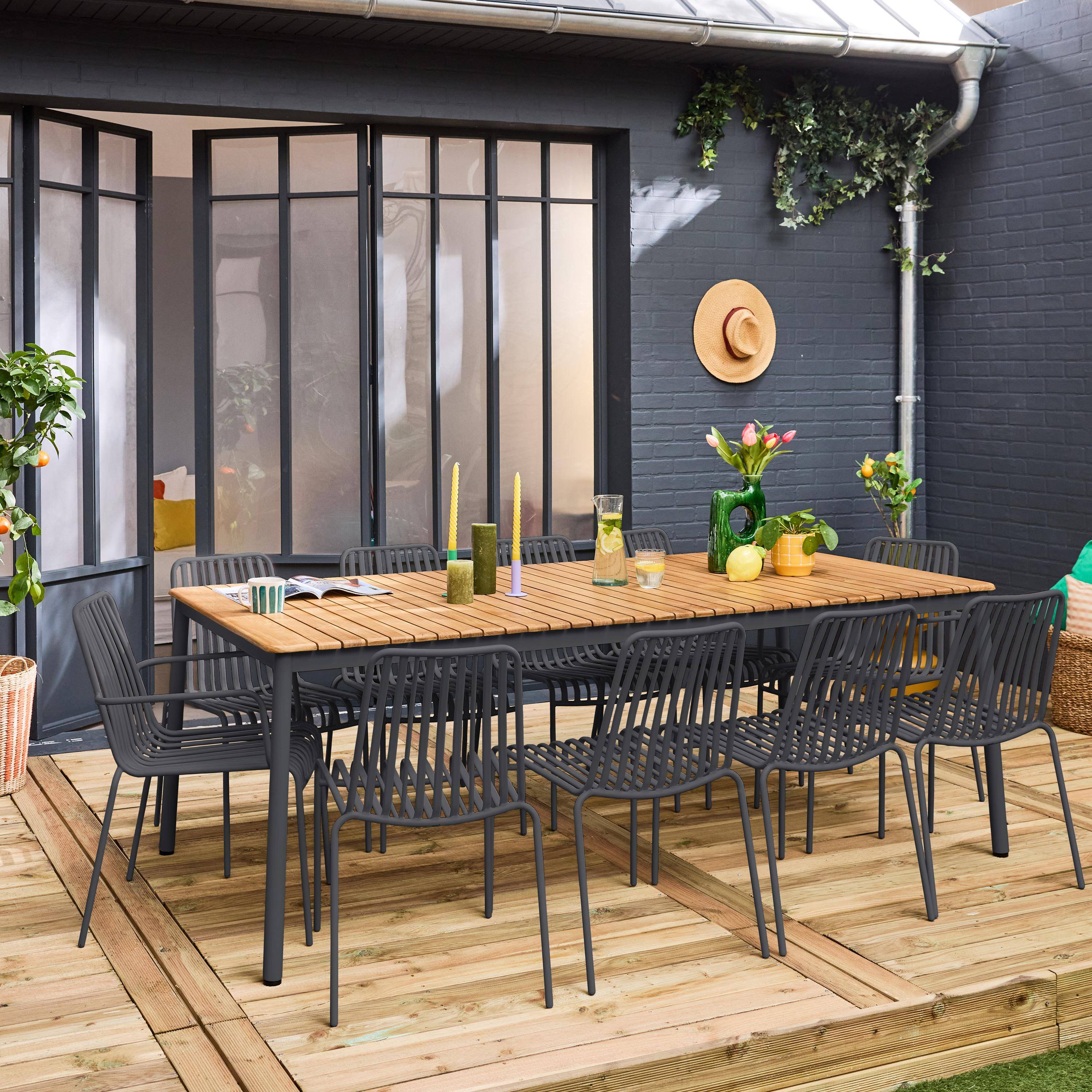 Garden table teak and steel 8 chairs 2 armchairs, Florida + Gili, Anthracite Photo2