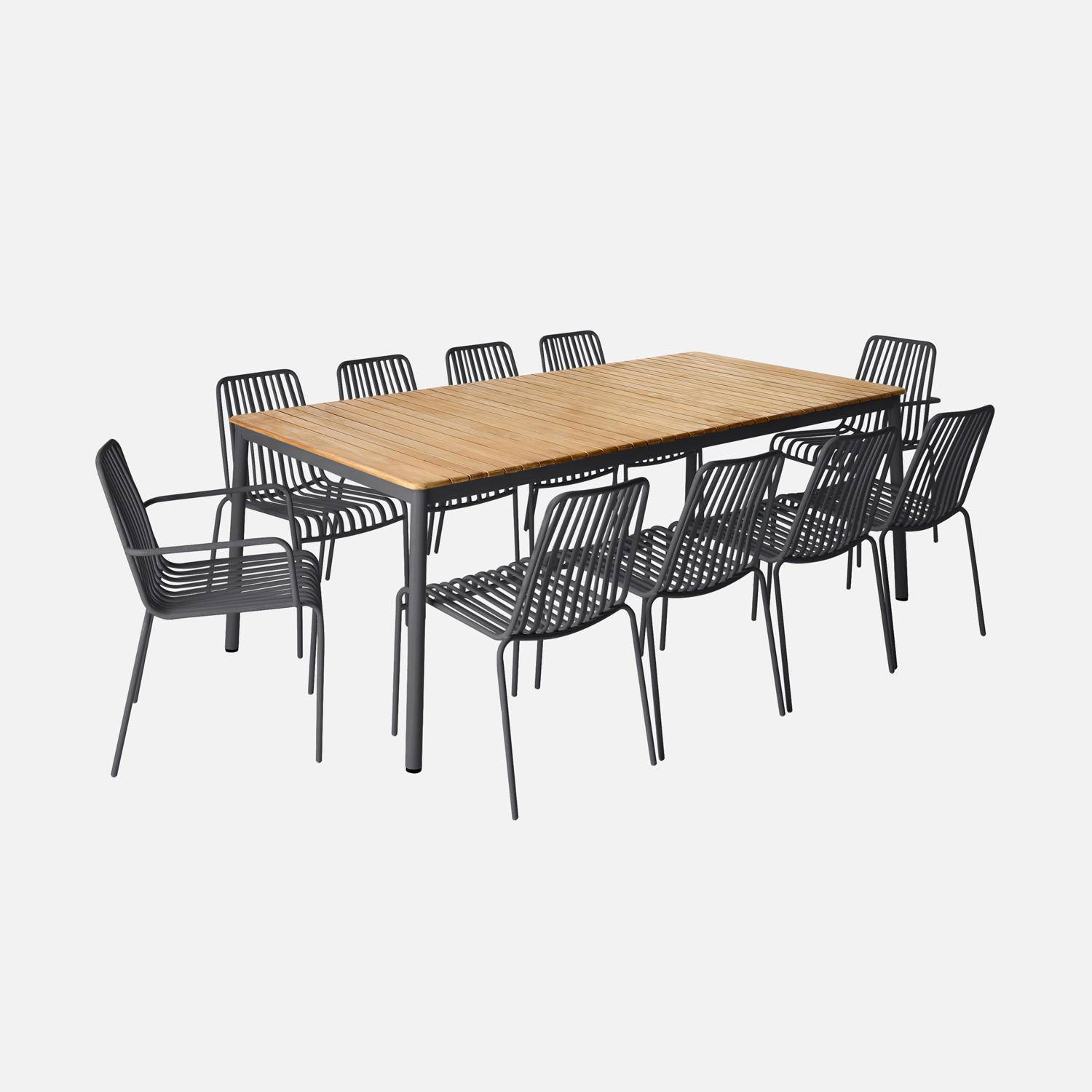 Table de jardin teck et acier anthracite 8 chaises 2 fauteuils 210cm Photo1
