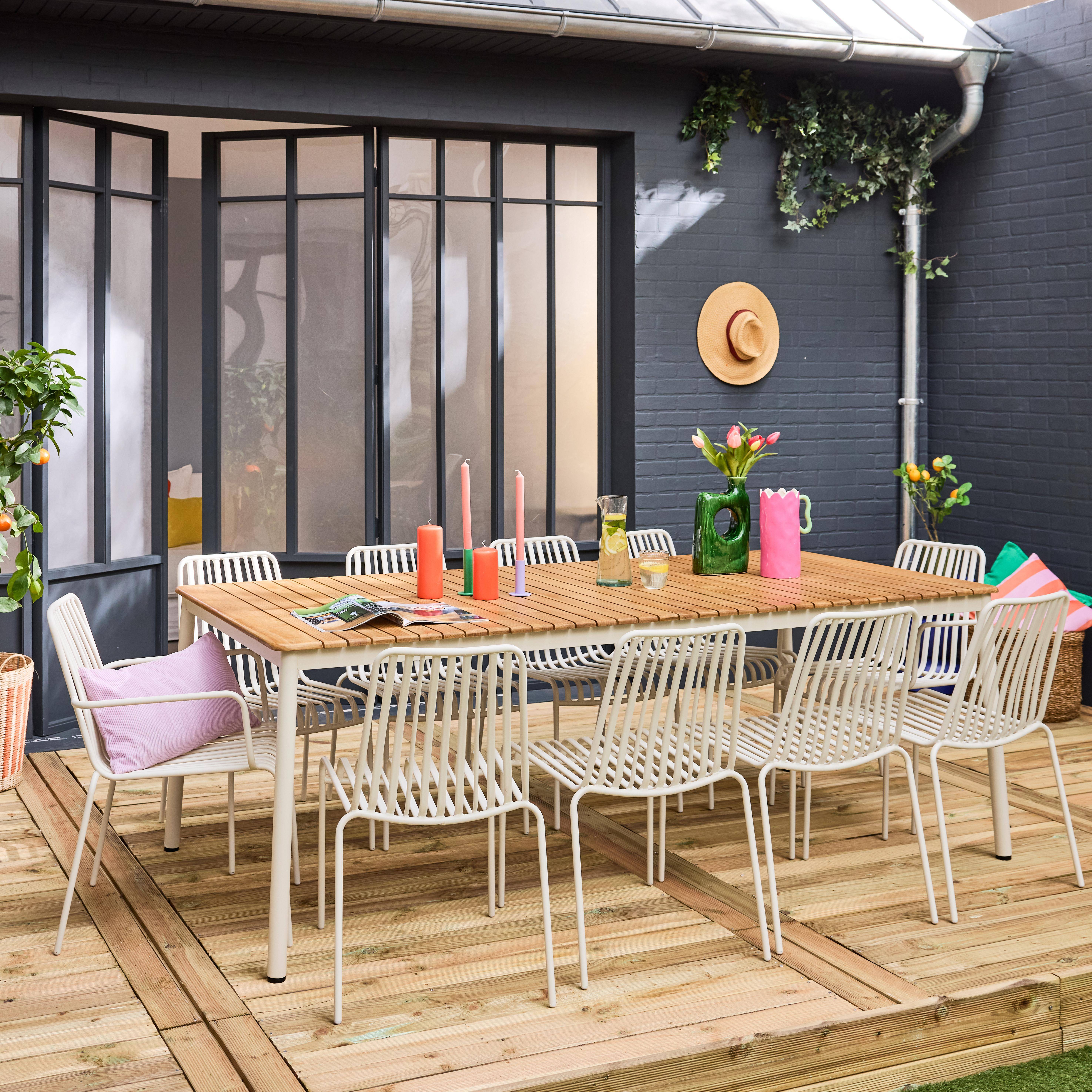 Table de jardin teck et acier blanc 8 chaises 2 fauteuils 210cm Photo2