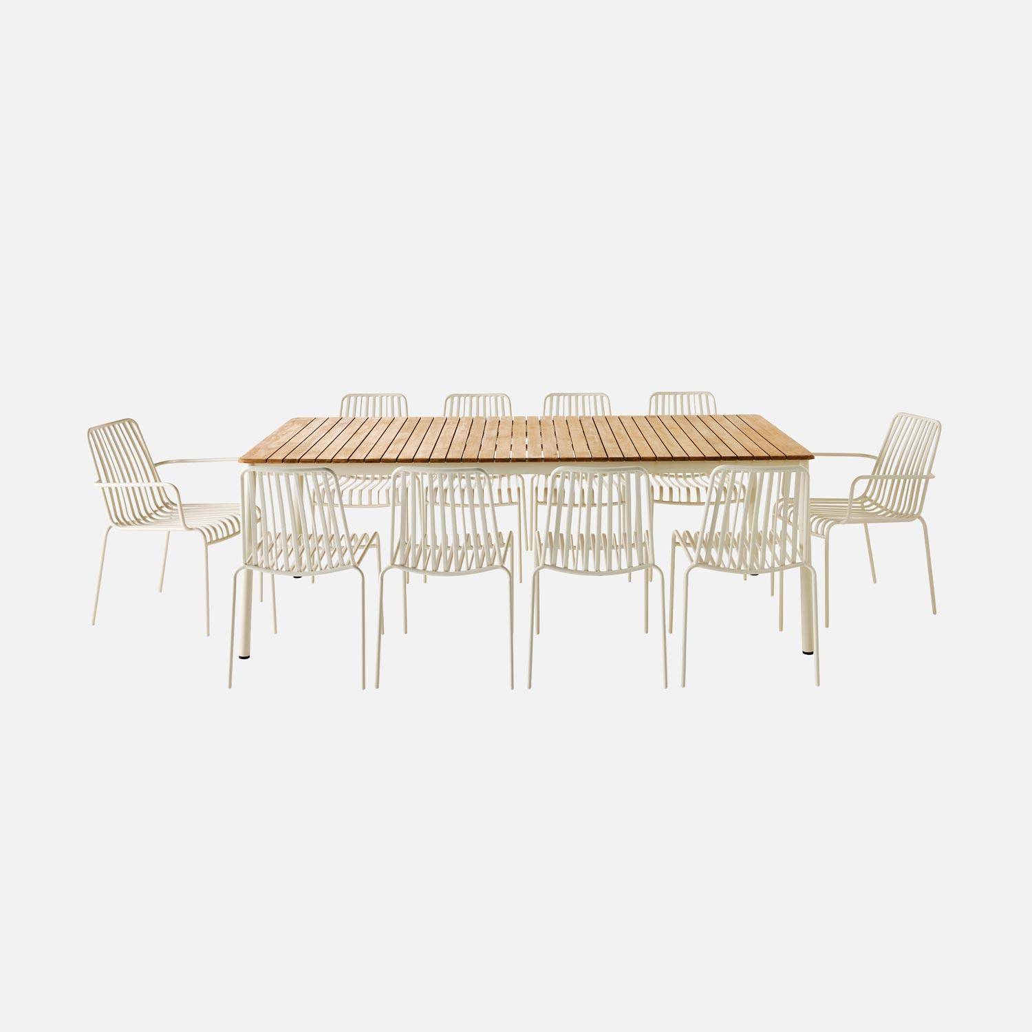 Table de jardin teck et acier blanc 8 chaises 2 fauteuils 210cm Photo4