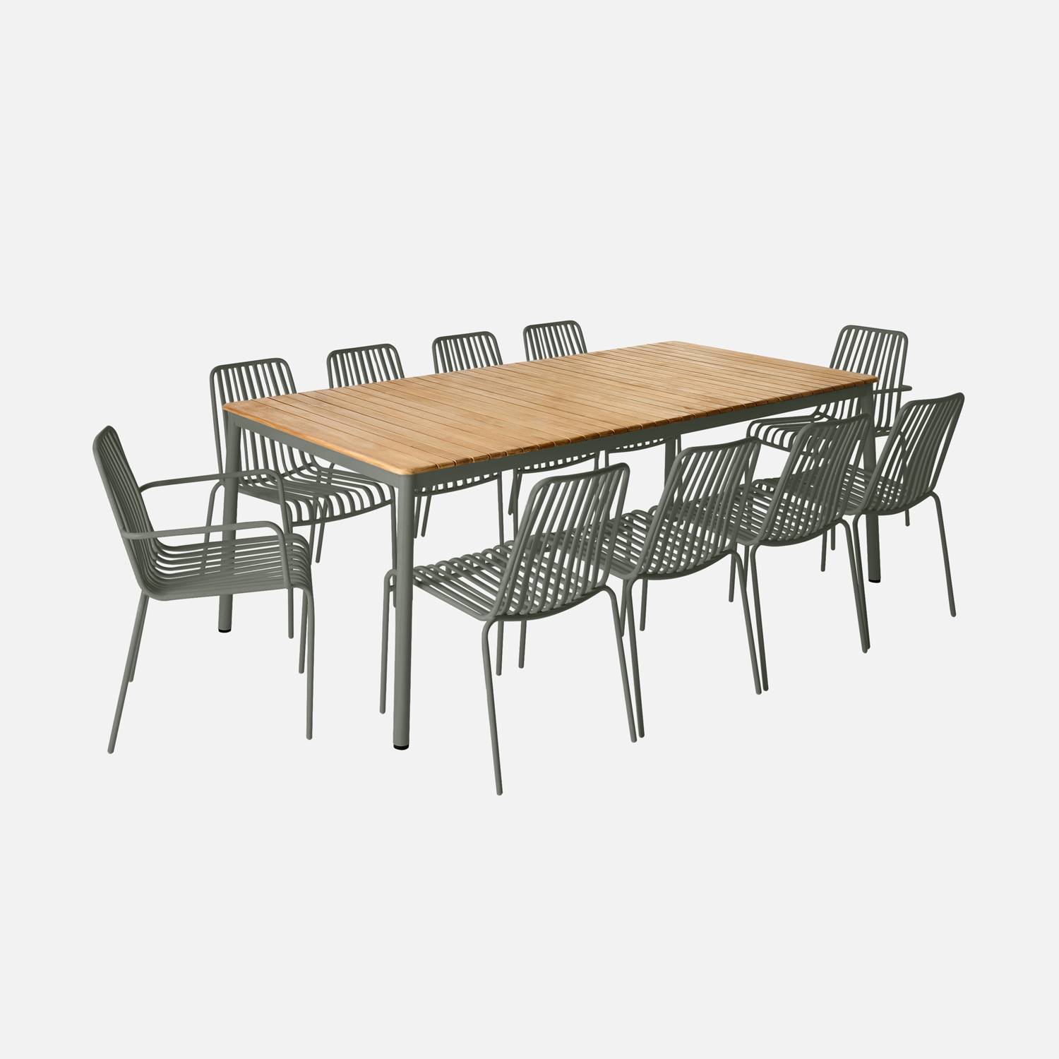 Table de jardin 210 cm kaki 8 chaises 2 fauteuils