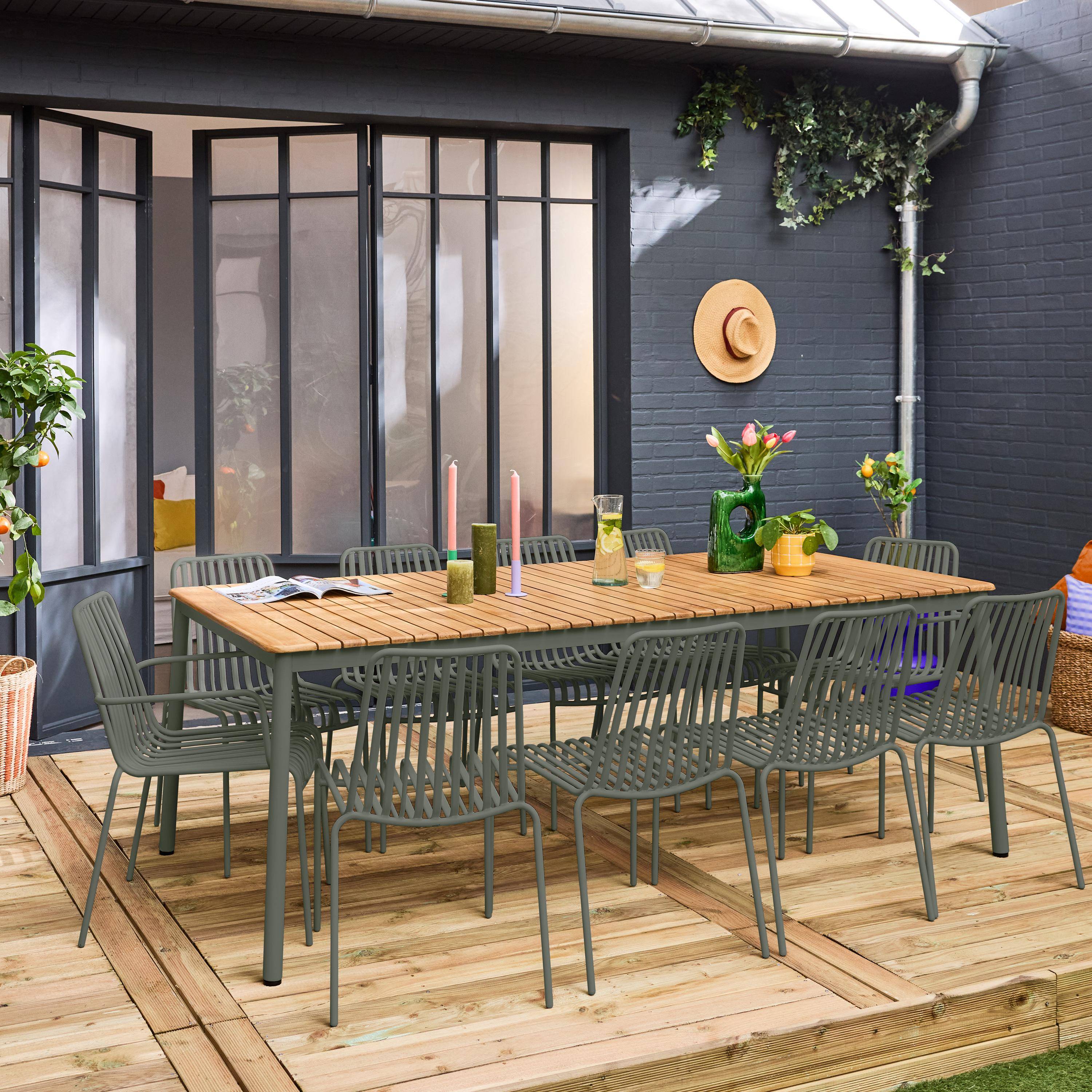 Garden table teak and steel 8 chairs 2 armchairs, Florida + Gili, Khaki Photo2