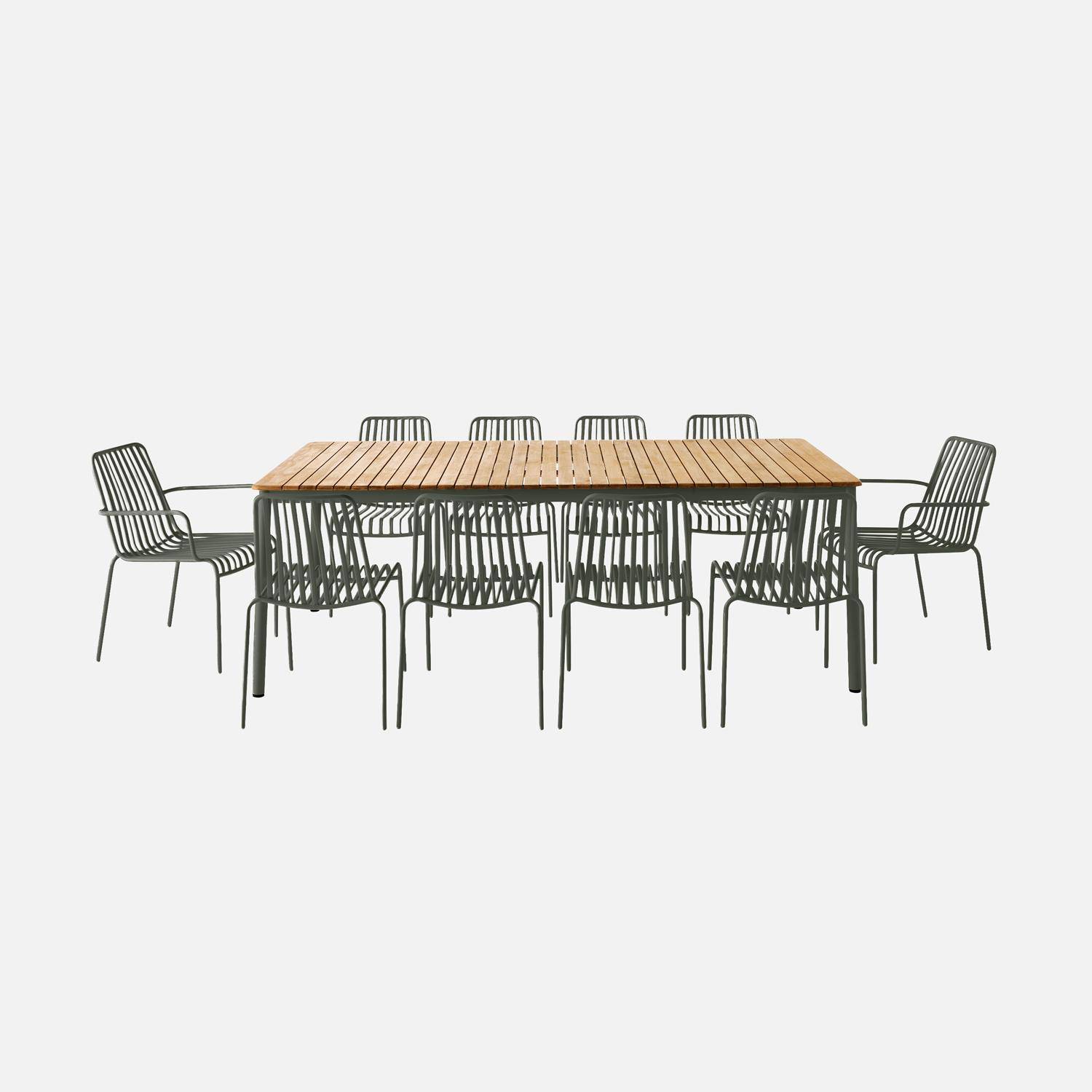 Table de jardin teck et acier kaki 8 chaises 2 fauteuils 210cm Photo2