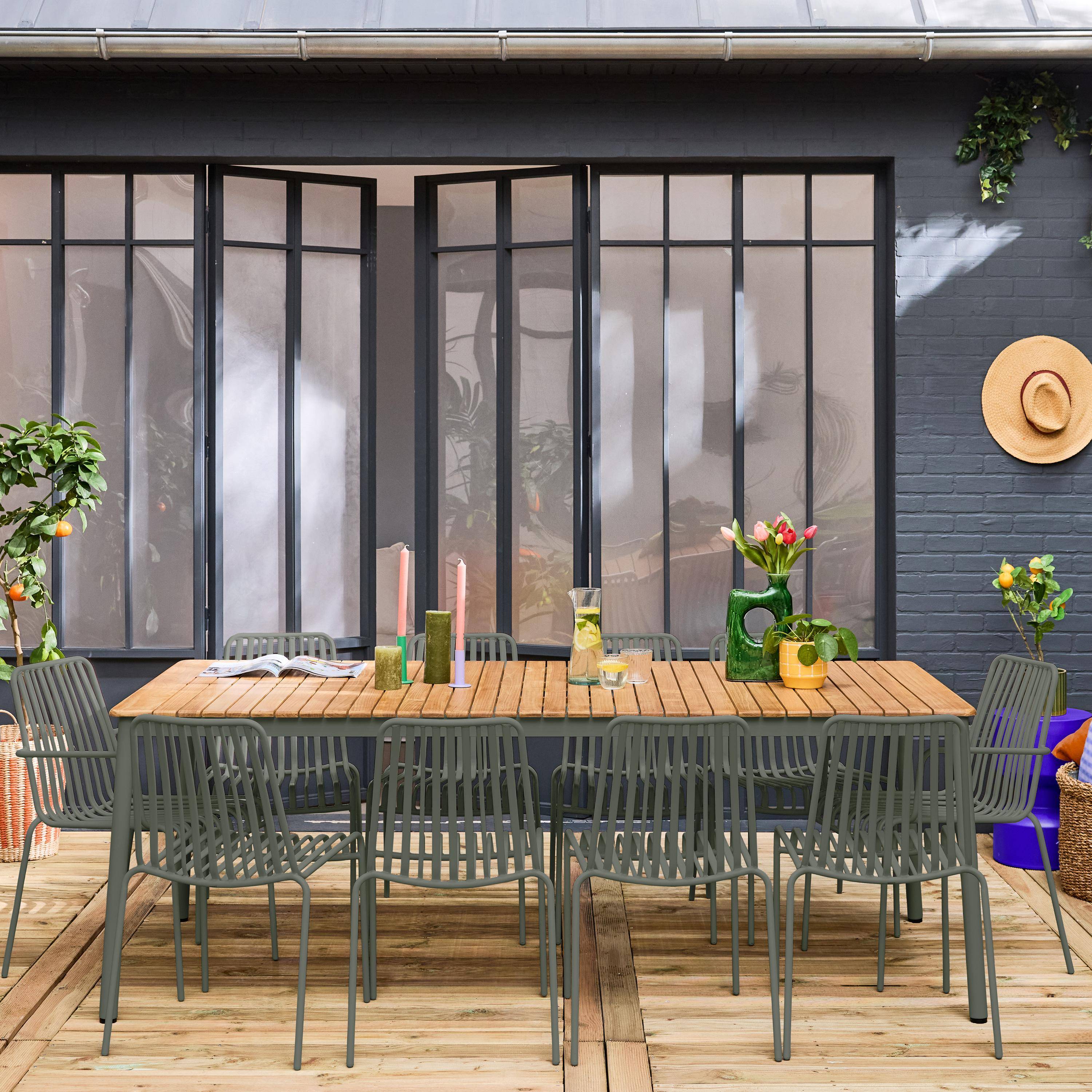 Garden table teak and steel 8 chairs 2 armchairs, Florida + Gili, Khaki Photo1