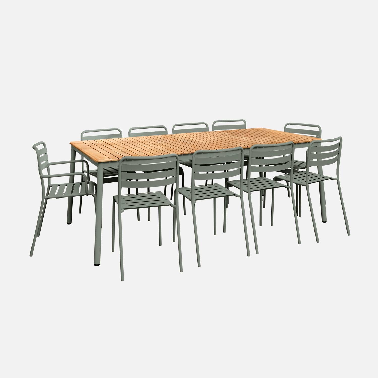 Table de jardin 210 cm kaki 8 chaises 2 fauteuils