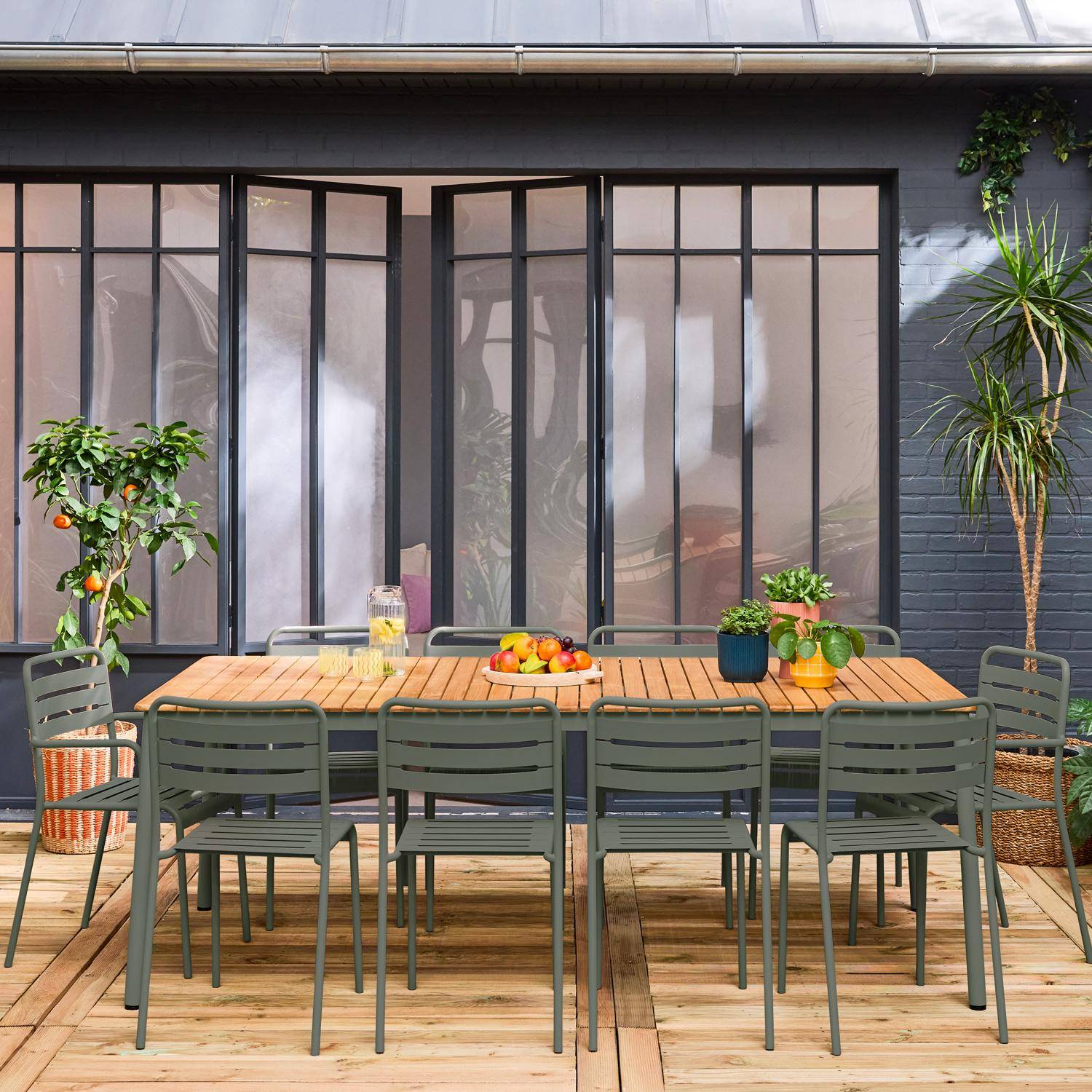 Garden table wood and steel 8 chairs 2 armchairs, Amelia + Gili, Khaki Green Photo2
