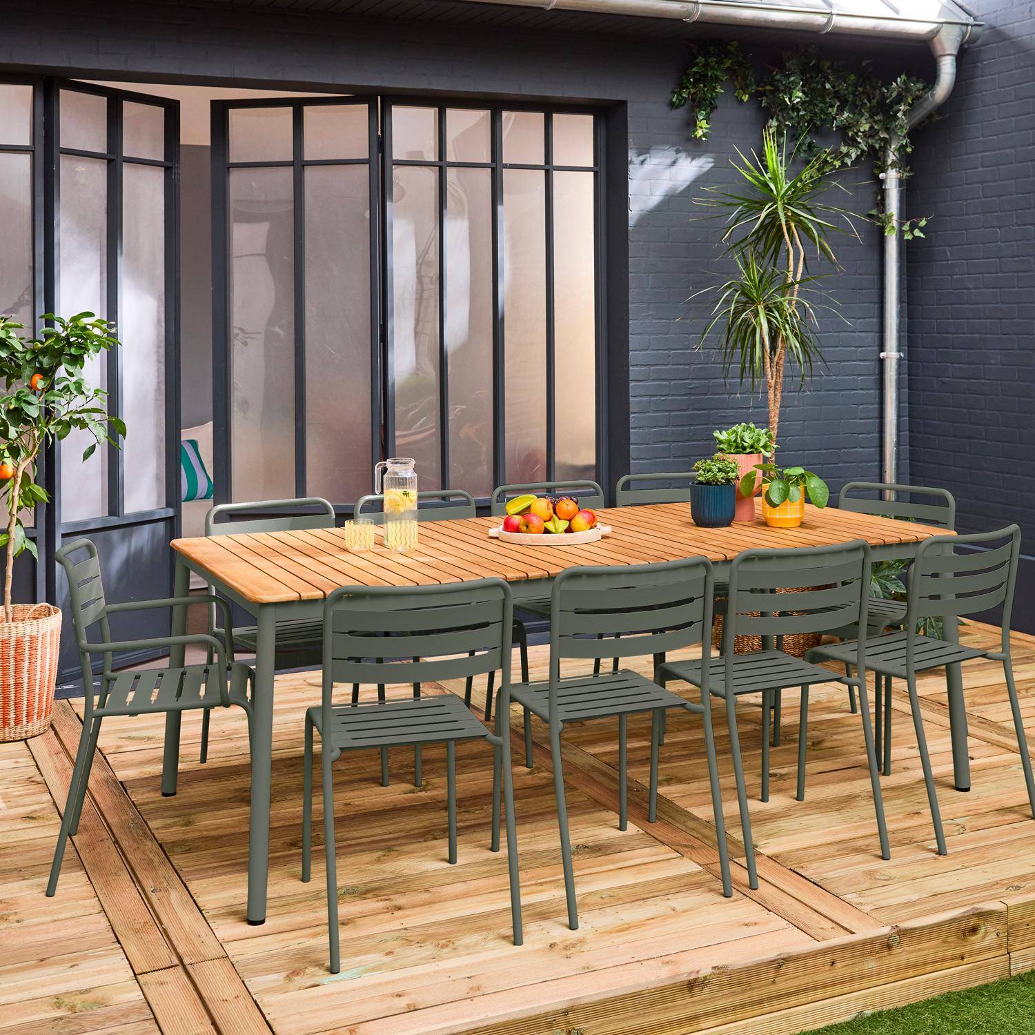 Garden table wood and steel 8 chairs 2 armchairs, Amelia + Gili, Khaki Green Photo1