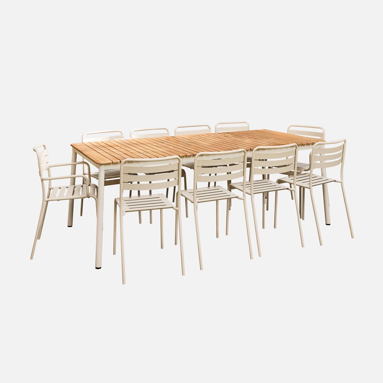 Garden table wood and steel 8 chairs 2 armchairs, White