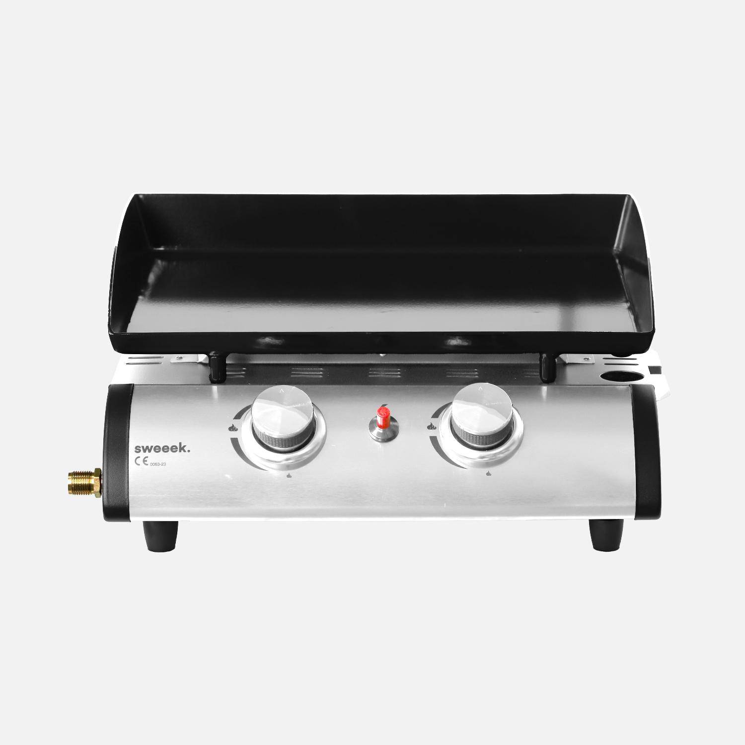 Plancha au gaz 2 brûleurs sur chariot - Porthos - 5kW, plancha à gaz avec desserte , cuisine extérieure, plaque émaillée, inox, barbecue Photo2