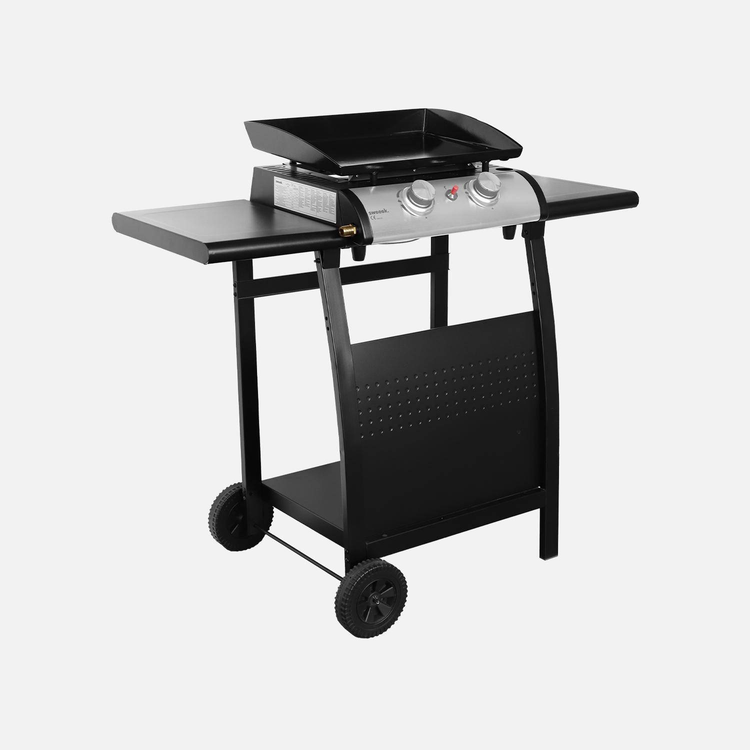 Plancha au gaz 2 brûleurs sur chariot - Porthos - 5kW, plancha à gaz avec desserte , cuisine extérieure, plaque émaillée, inox, barbecue Photo1