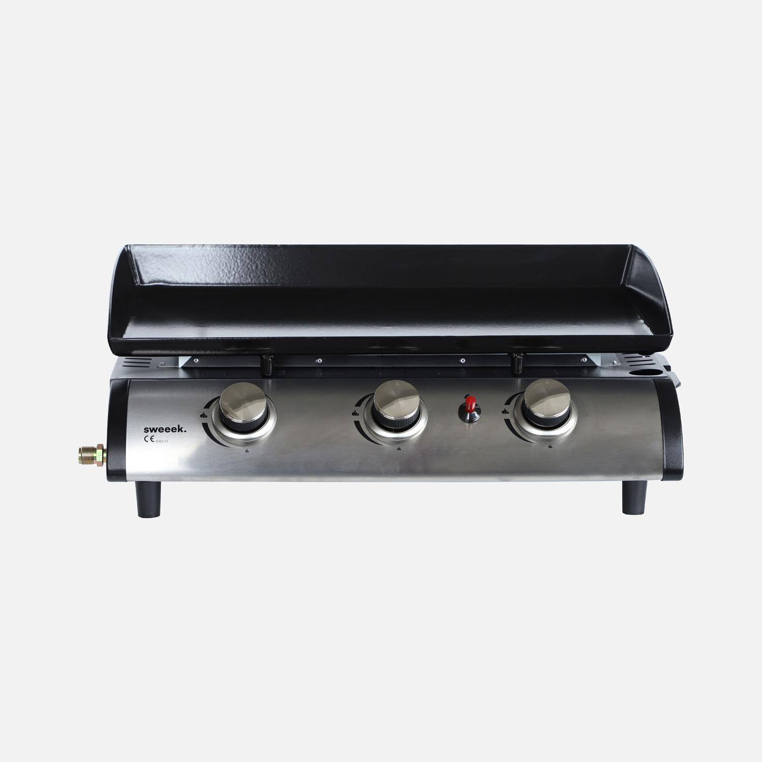 Plancha op gas 3 branders op karretje - Porthos - 7.55kW, plancha op gas met bijzettafel, buitenkeuken, geëmailleerde plaat, inox, barbecue Photo2