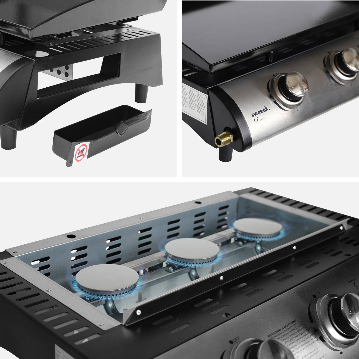 Plancha op gas 3 branders op karretje - Porthos - 7.55kW, plancha op gas met bijzettafel, buitenkeuken, geëmailleerde plaat, inox, barbecue Photo6