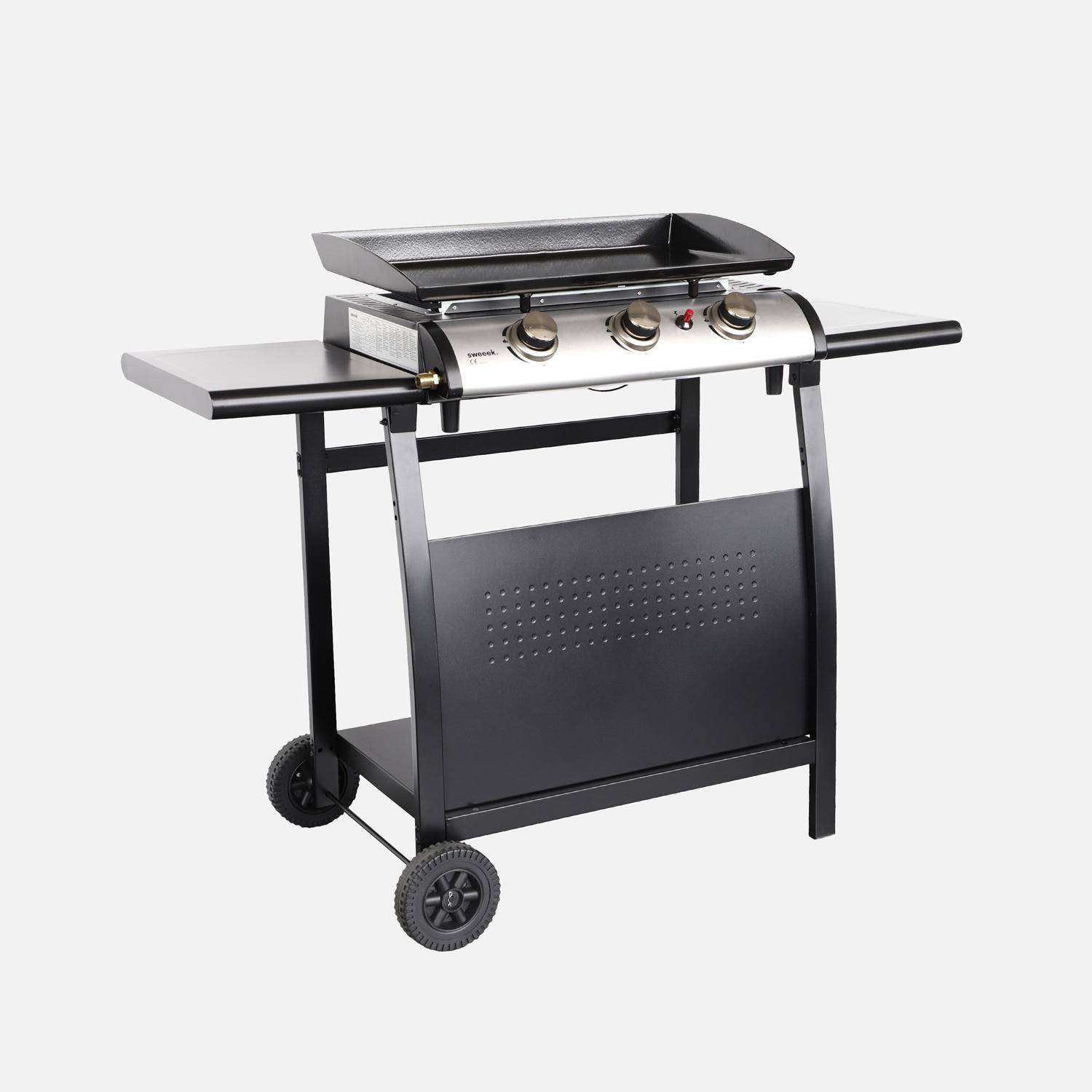 Plancha op gas 3 branders op karretje - Porthos - 7.55kW, plancha op gas met bijzettafel, buitenkeuken, geëmailleerde plaat, inox, barbecue Photo1