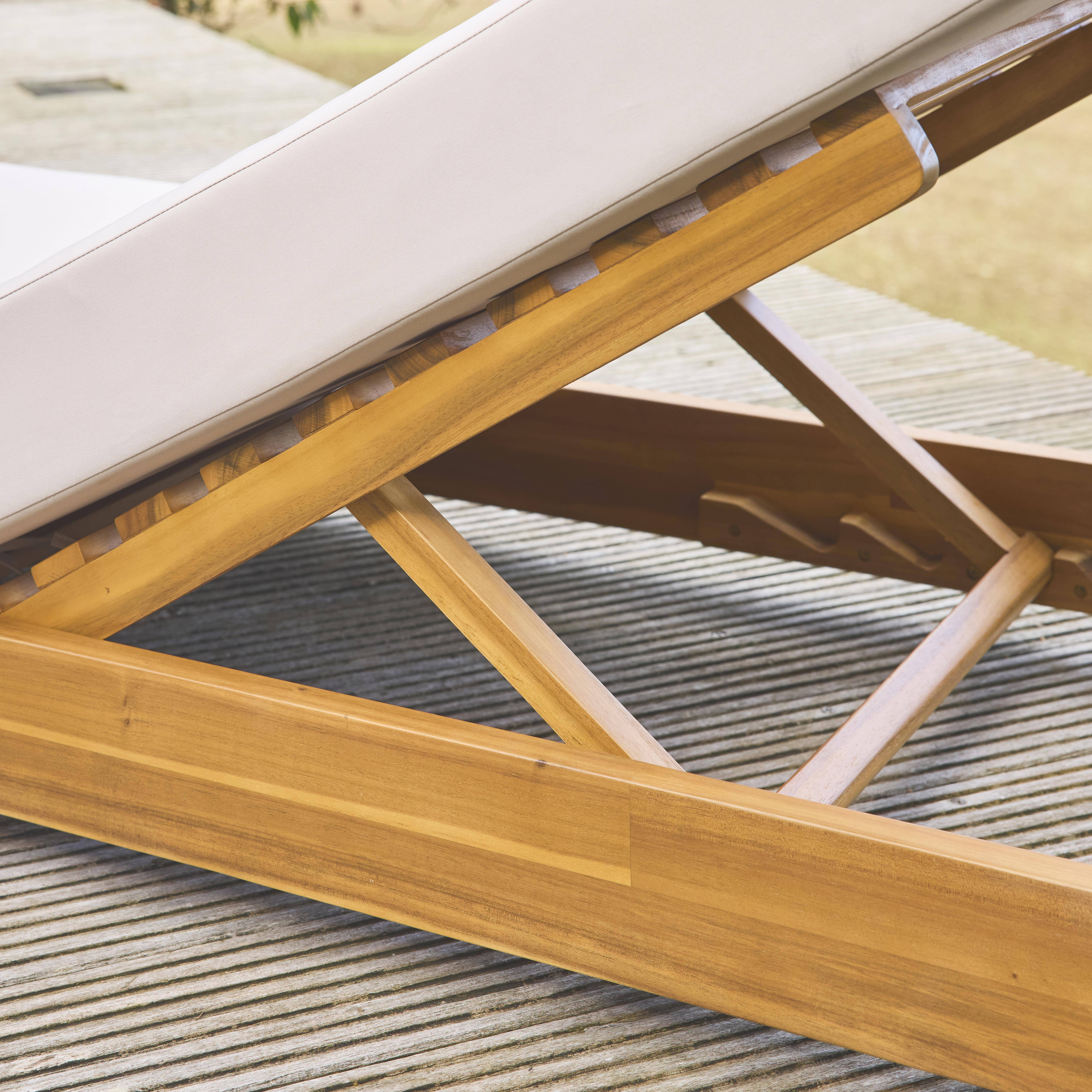 Acacia wood multi-position sun lounger with cushion, Dorina, Beige, 198x62x63.5 cm Photo3