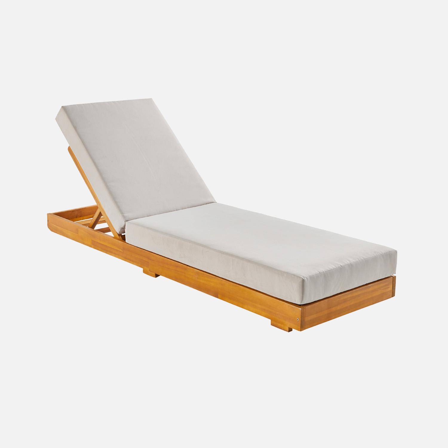 Acacia wood multi-position sun lounger with cushion, Dorina, Beige, 198x62x63.5 cm Photo4
