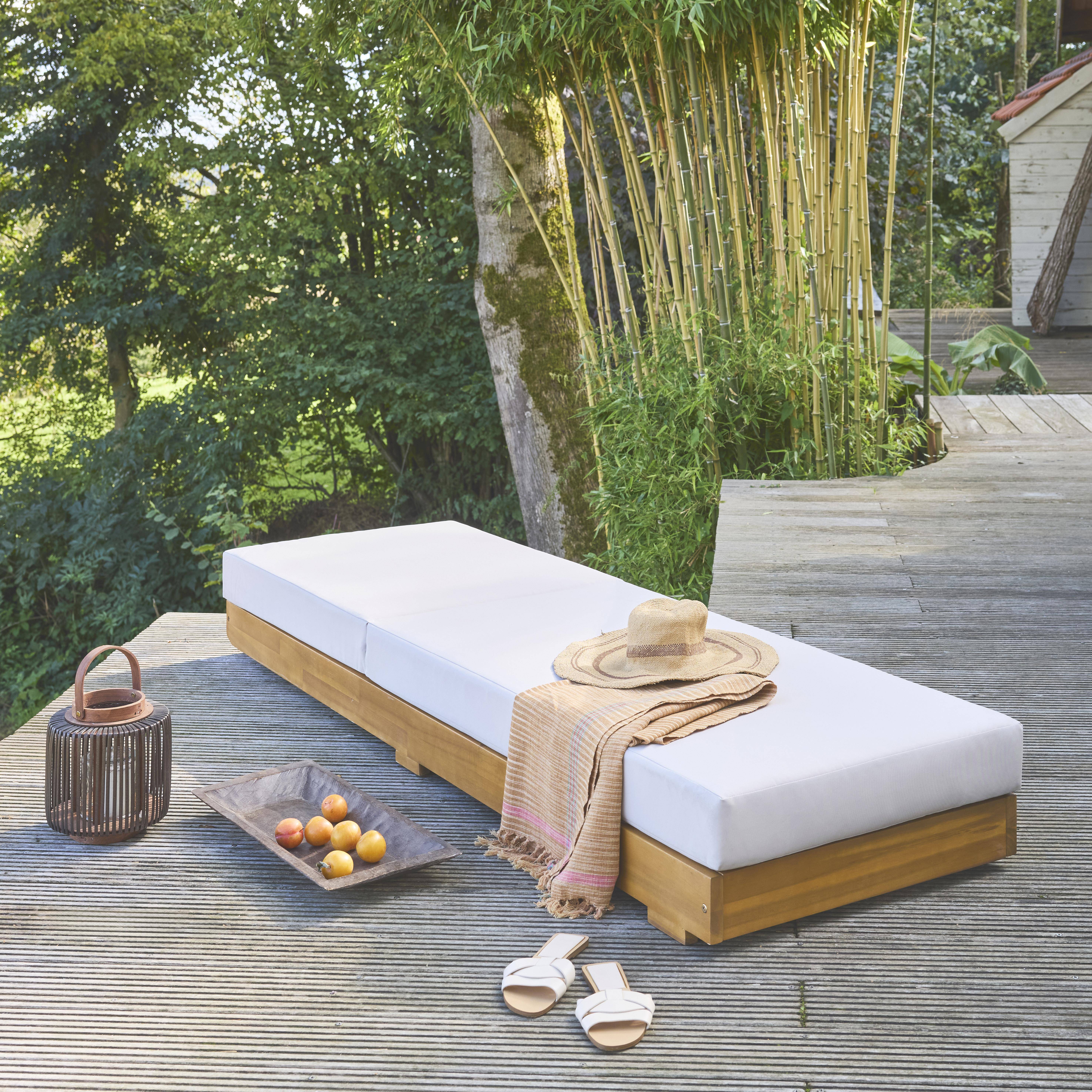 Acacia wood multi-position sun lounger with cushion, Dorina, Beige, 198x62x63.5 cm Photo2