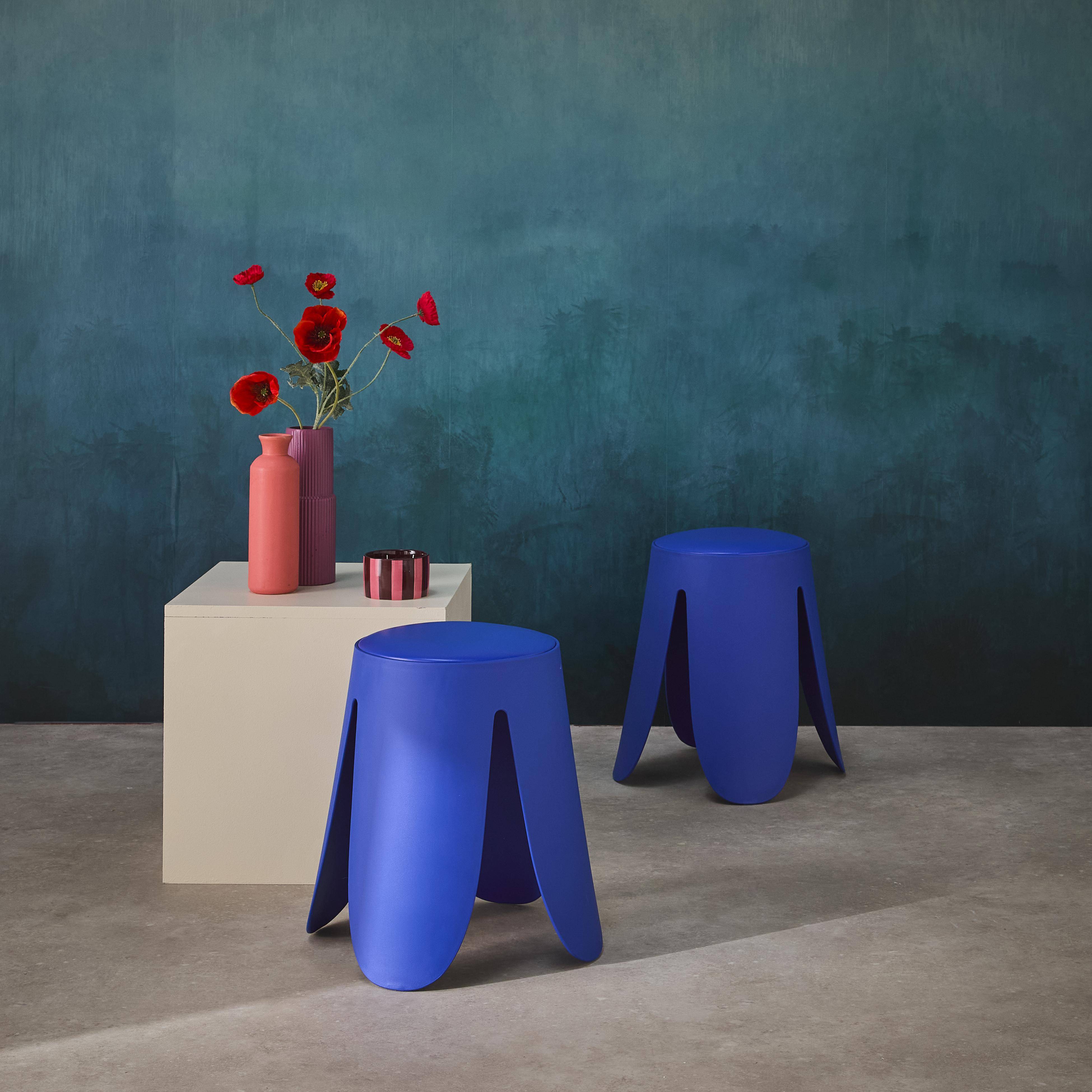 Taburete apilable cuero sintético, set de 2, Niki, Azul, 44x44x46 cm Photo1