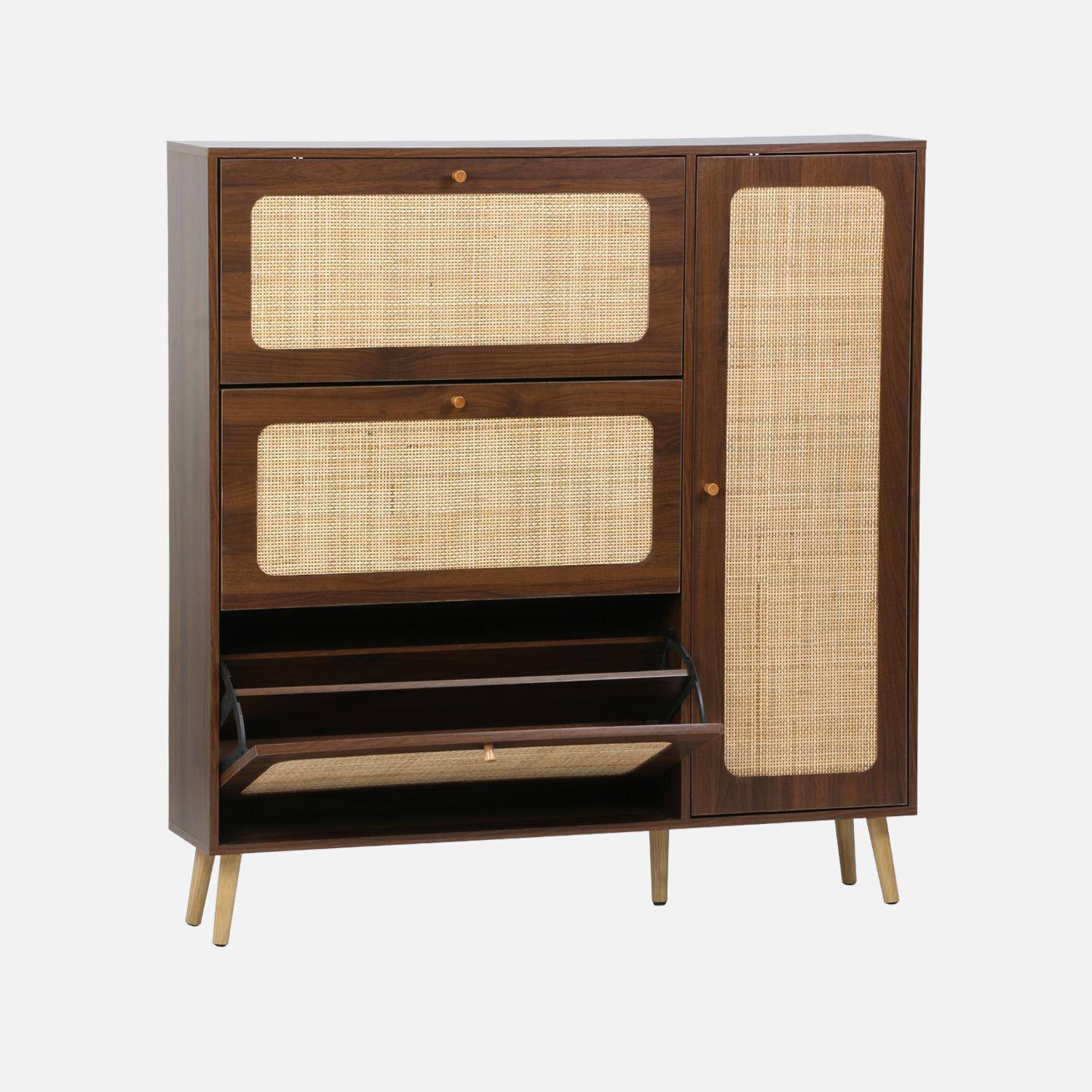 Schuhschrank mit Rohrgeflecht, 3 Klapptüren, 1 Tür, für 21 Paar, nussbaumfarben 120 x 24 x 125 cm - Bohème Photo2