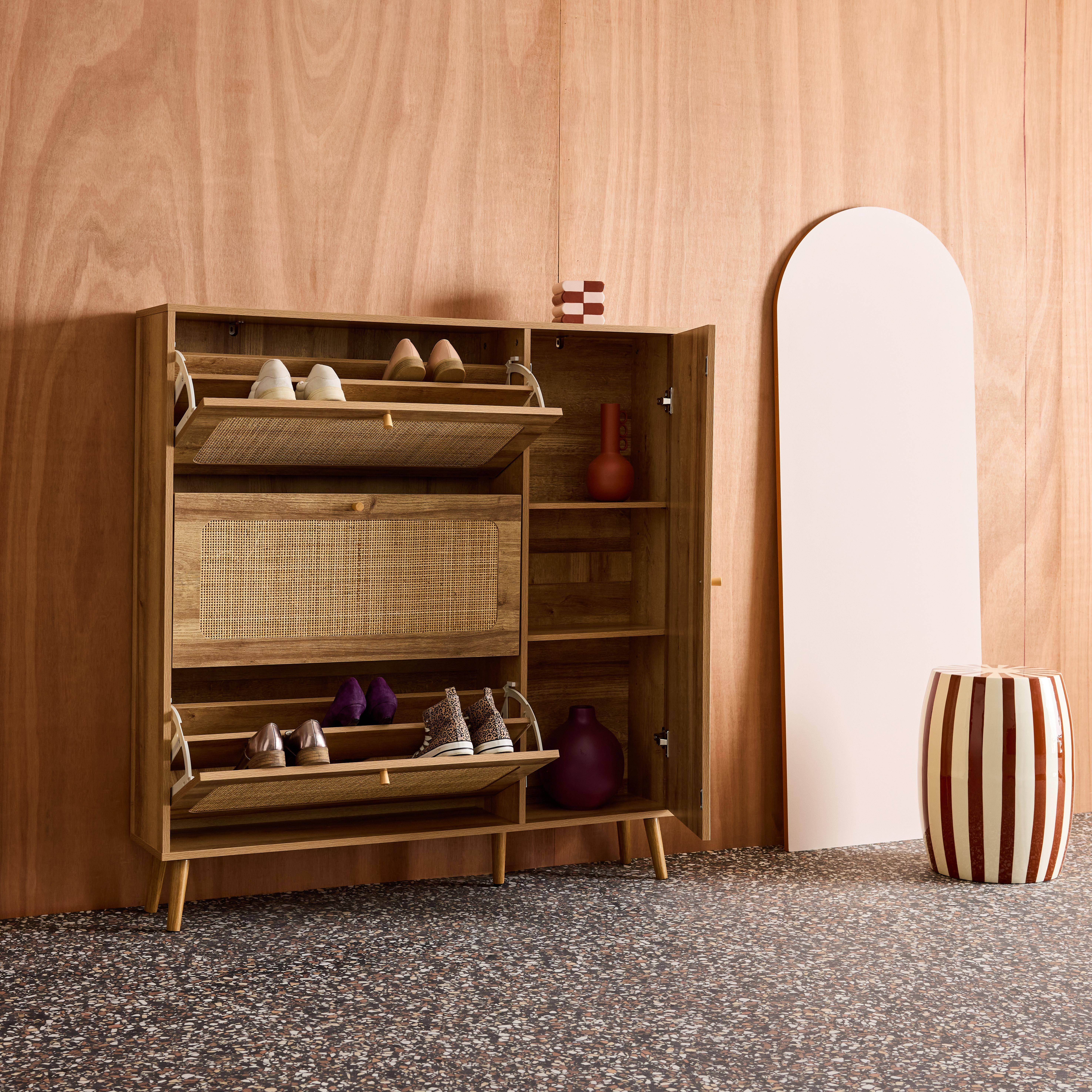 Schoenenkast Boheme met rotan en walnootkleurig houtdecor, 3 laden, 1 deur, voor 21 paar, 120 x 24 x 125 cm Photo4