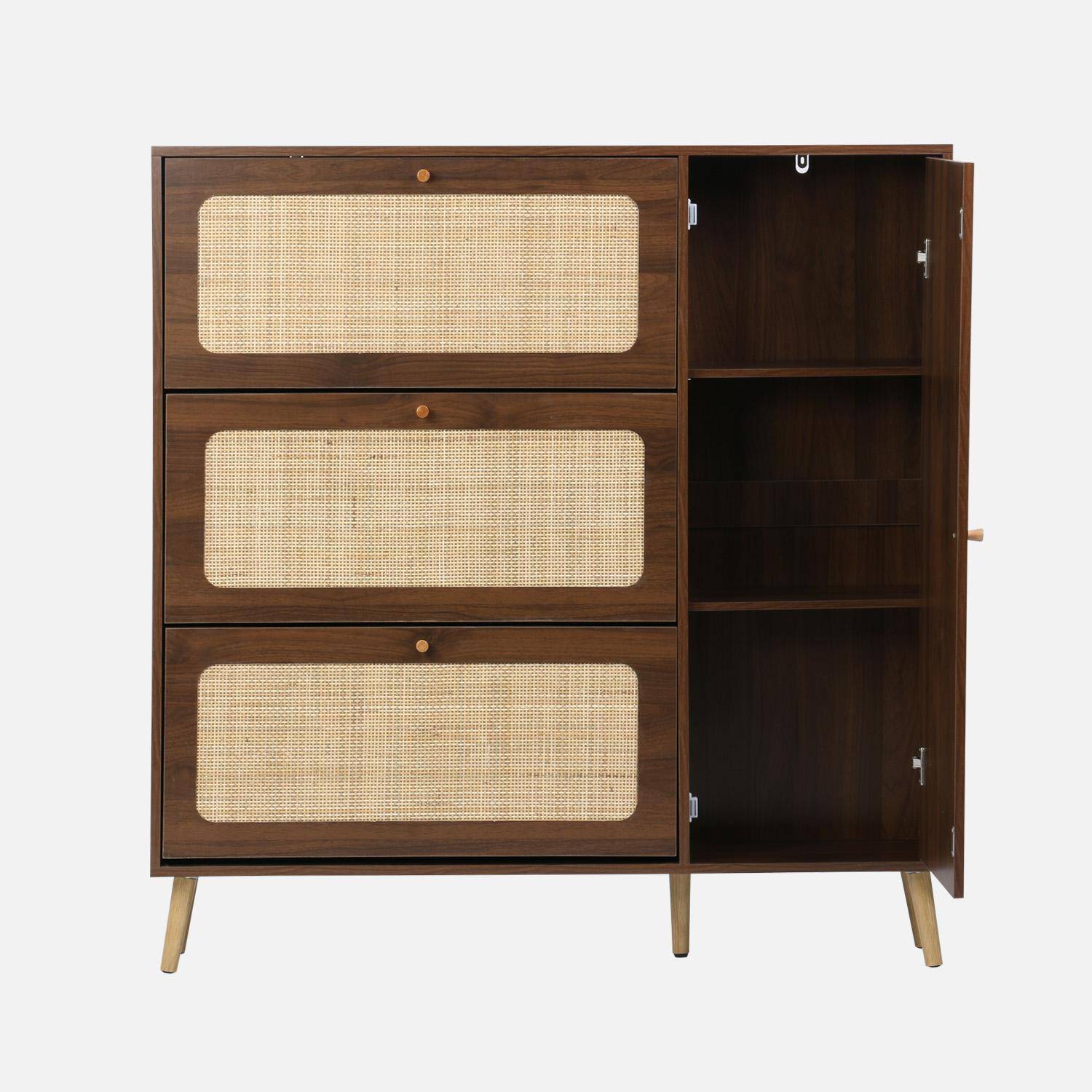 Schuhschrank mit Rohrgeflecht, 3 Klapptüren, 1 Tür, für 21 Paar, nussbaumfarben 120 x 24 x 125 cm - Bohème Photo4