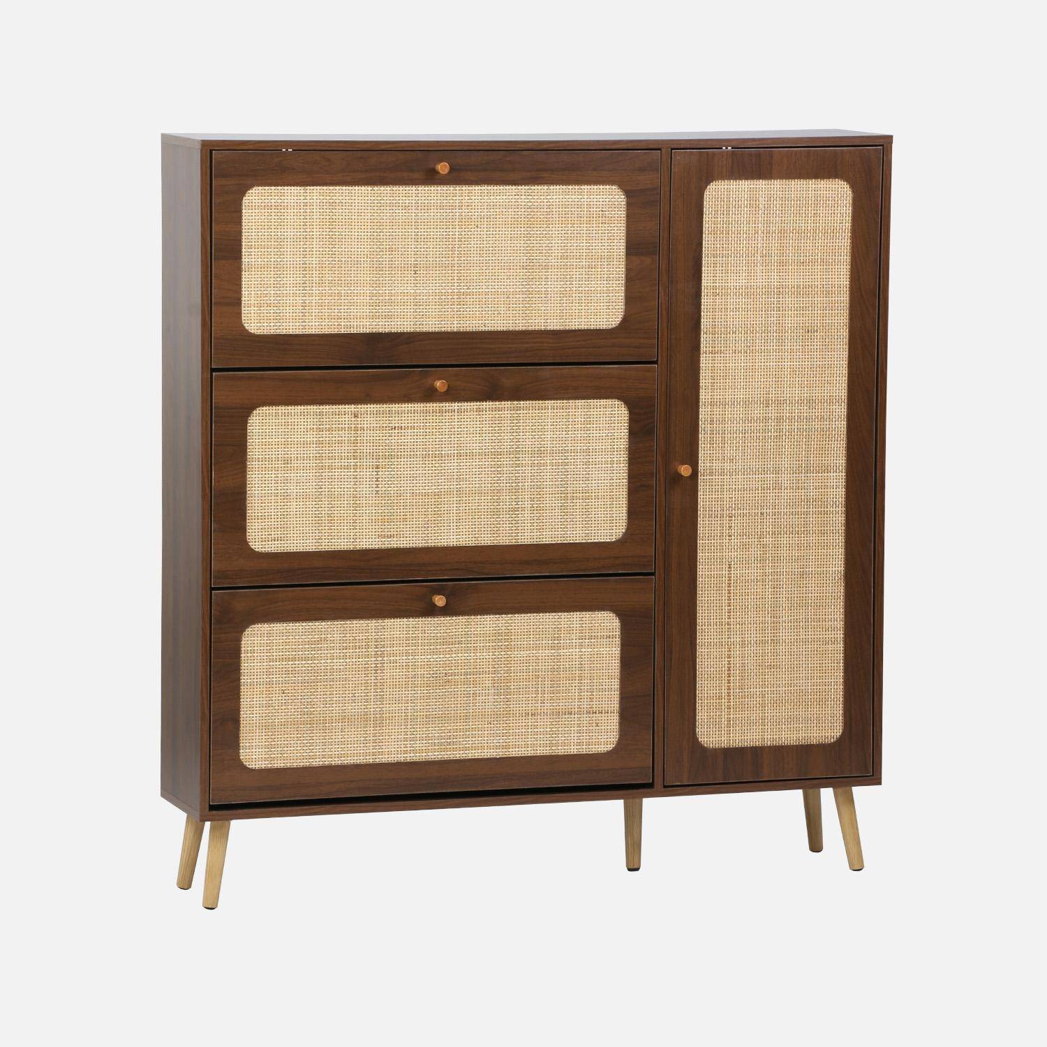 Schuhschrank mit Rohrgeflecht, 3 Klapptüren, 1 Tür, für 21 Paar, nussbaumfarben 120 x 24 x 125 cm - Bohème Photo1