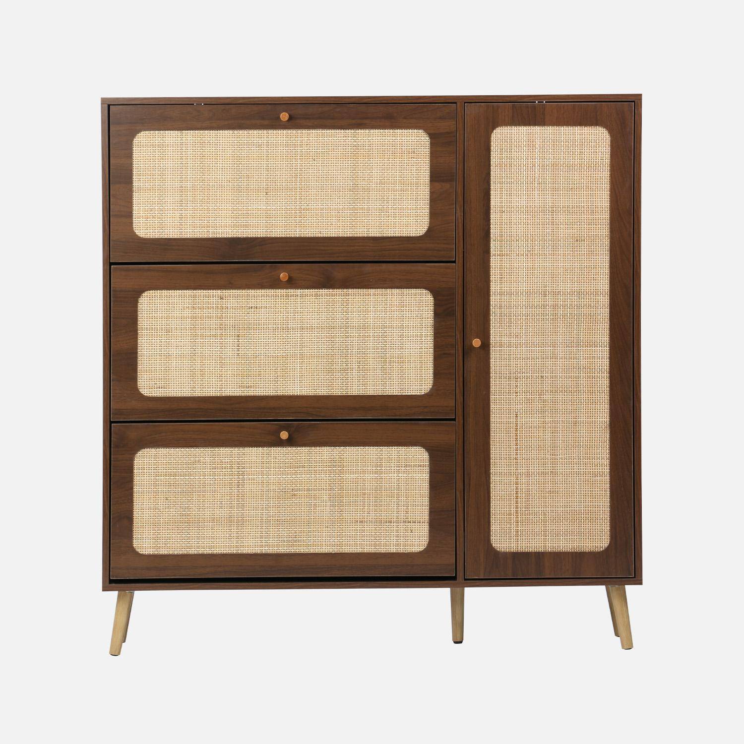 Schuhschrank mit Rohrgeflecht, 3 Klapptüren, 1 Tür, für 21 Paar, nussbaumfarben 120 x 24 x 125 cm - Bohème Photo3