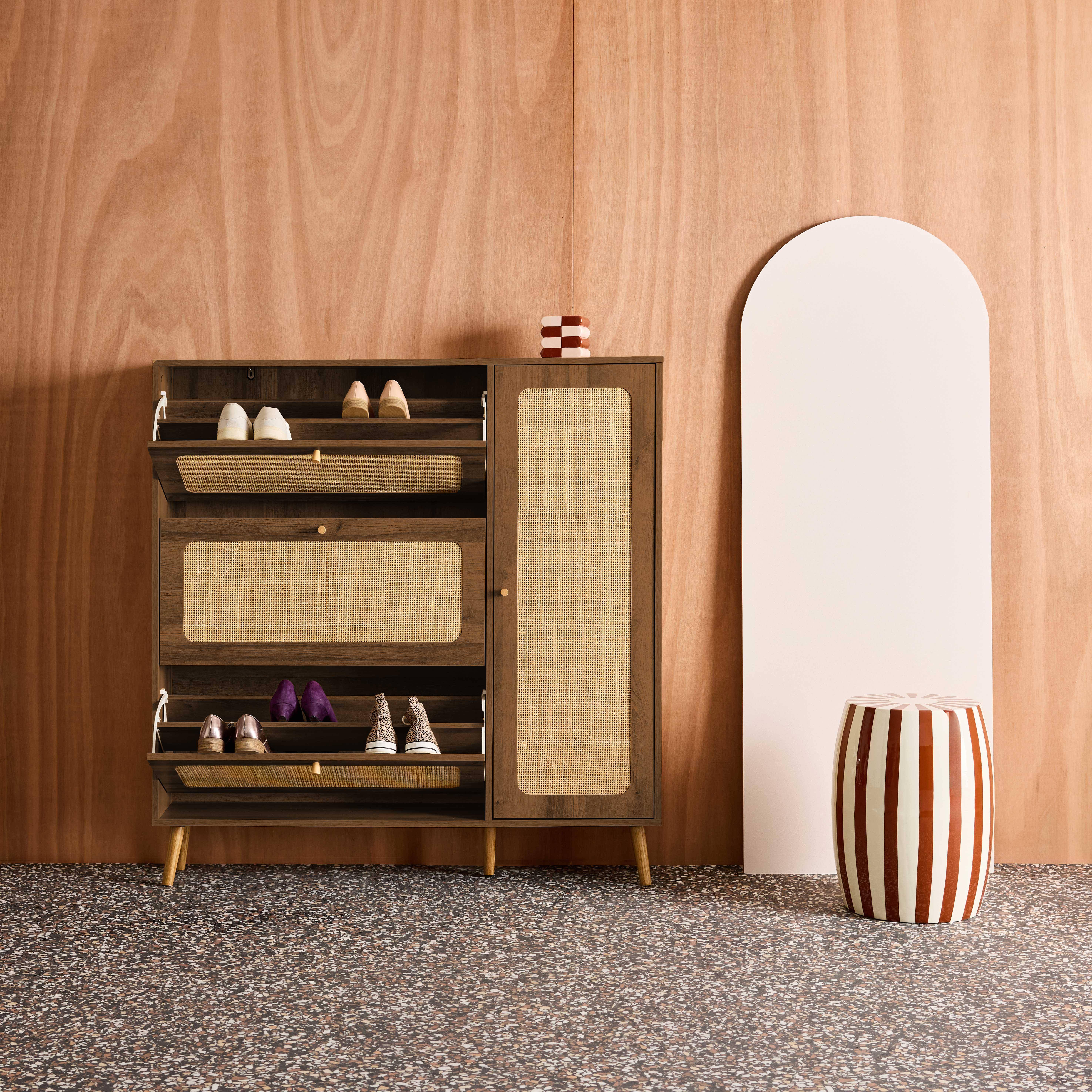 Schoenenkast Boheme met rotan en walnootkleurig houtdecor, 3 laden, 1 deur, voor 21 paar, 120 x 24 x 125 cm Photo5