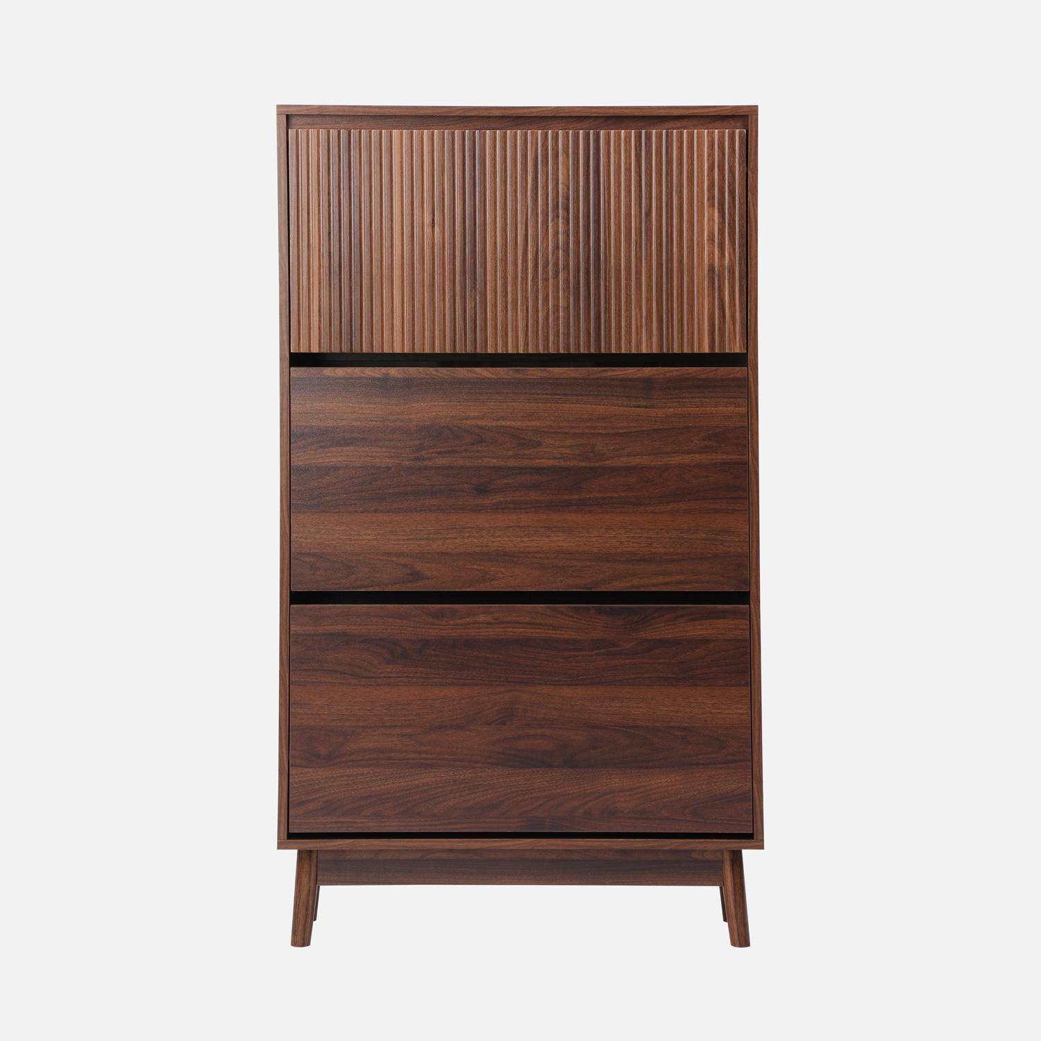 Meuble à chaussures scandinave décor bois noyer 3 portes abattantes capacité 18 paires de chaussures Photo2