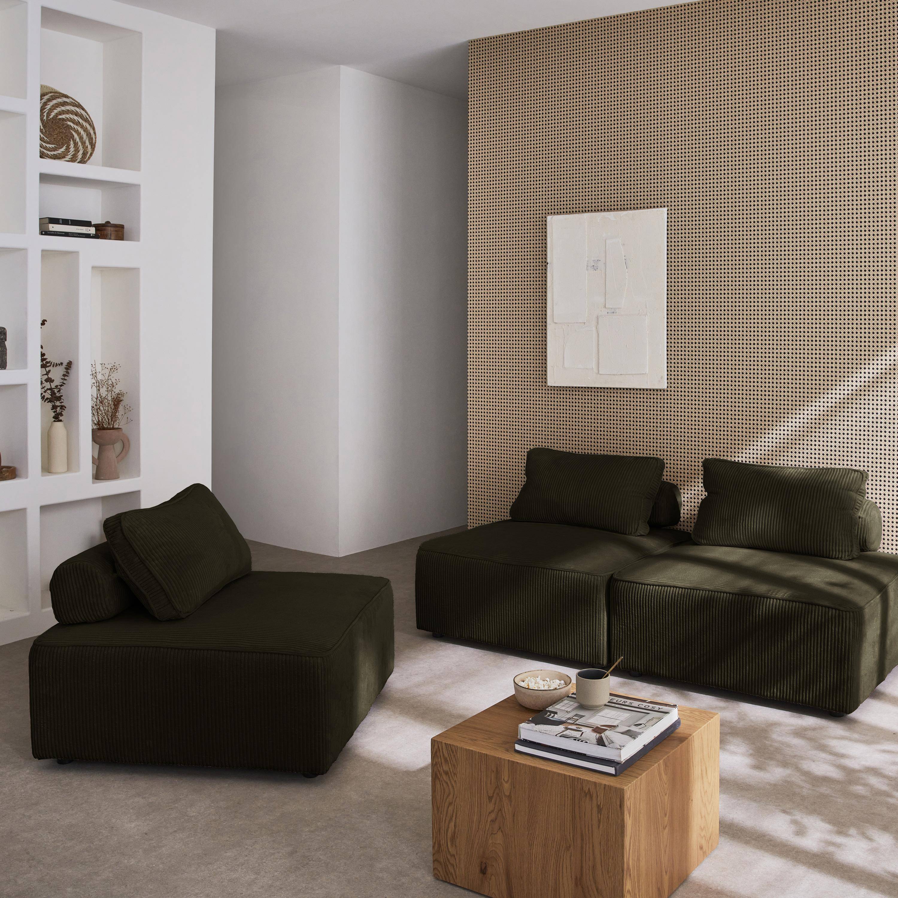 Lot de 3 chauffeuses pour canapé modulables velours côtelé vert foncé avec un coussin  Photo1
