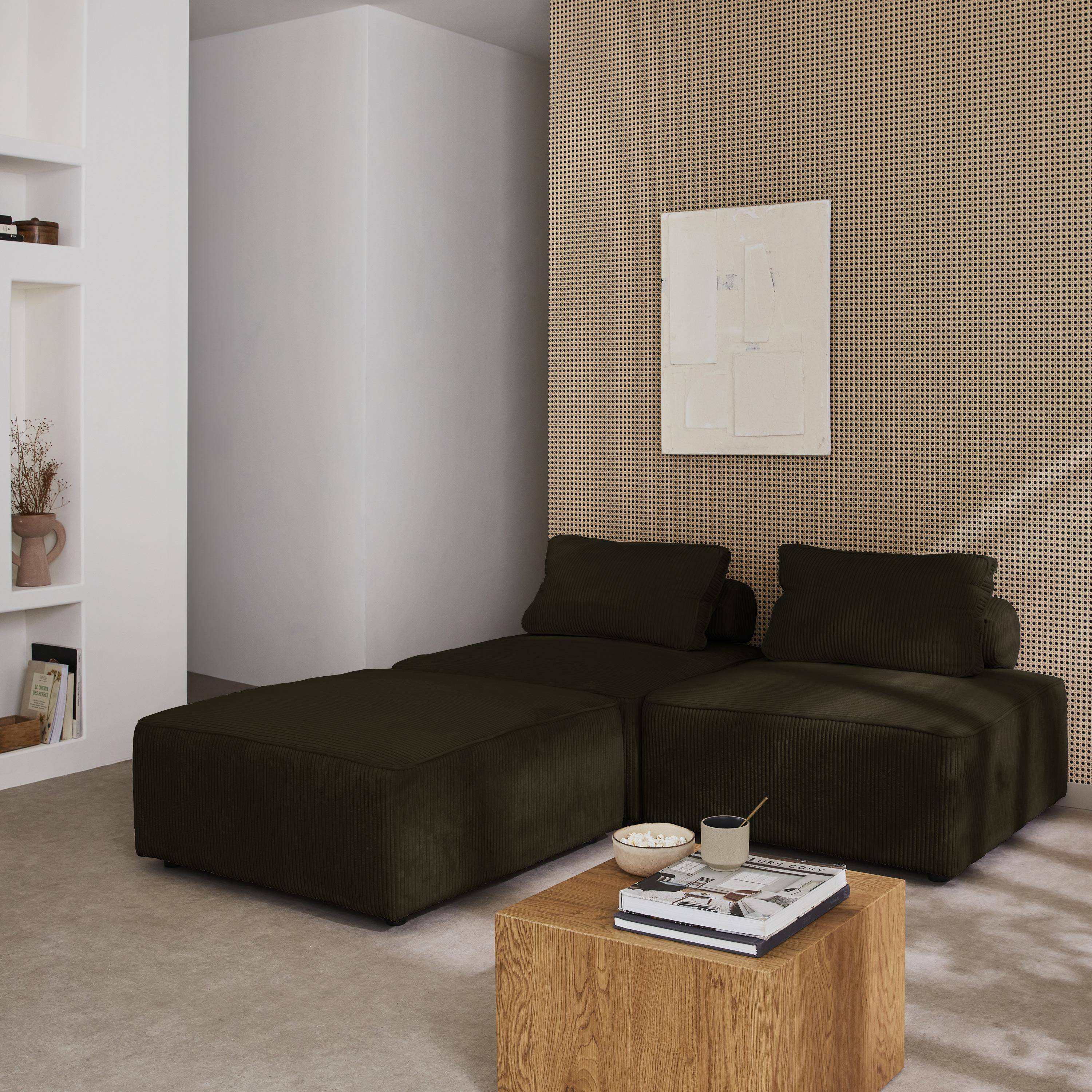 Lot de 3 chauffeuses pour canapé modulables velours côtelé vert foncé avec un coussin  Photo2