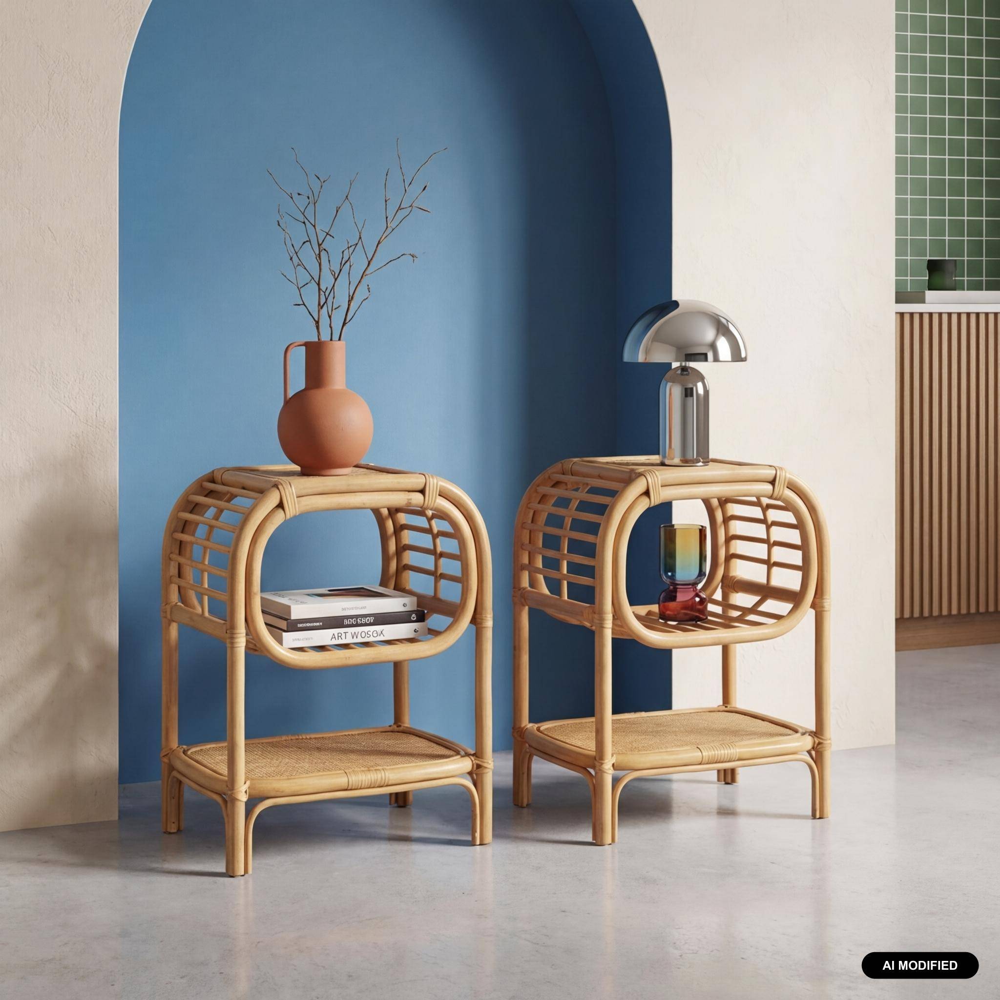 Lot de 2 tables de chevet rotin naturel courbé 1 étagère 1 niche L 40 x P 30 x H 50cm - Serang,sweeek,Photo1