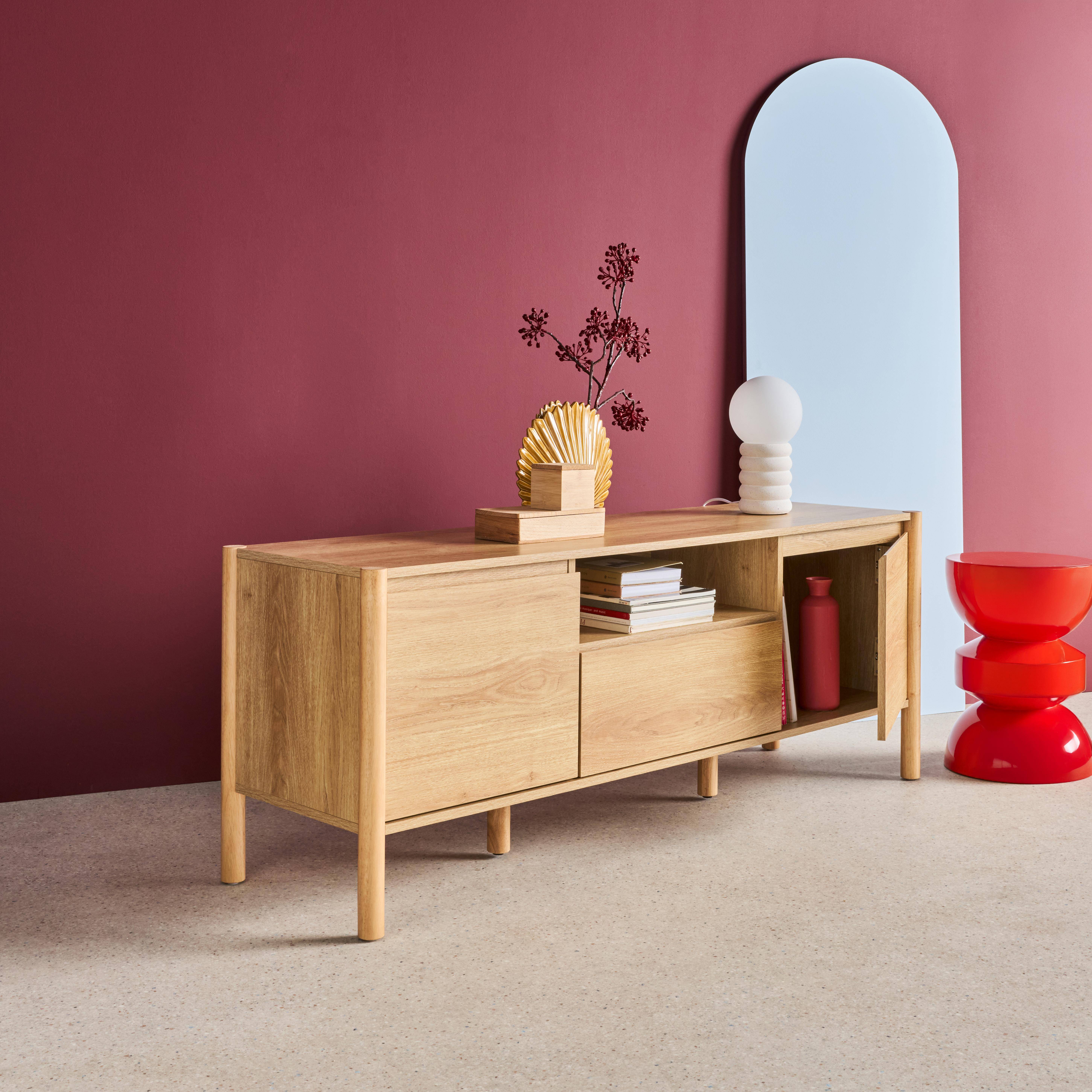 Meuble TV décor bois 2 portes 1 tiroir 140cm naturel - 140 x 42 x 55 cm - Harmony Photo2