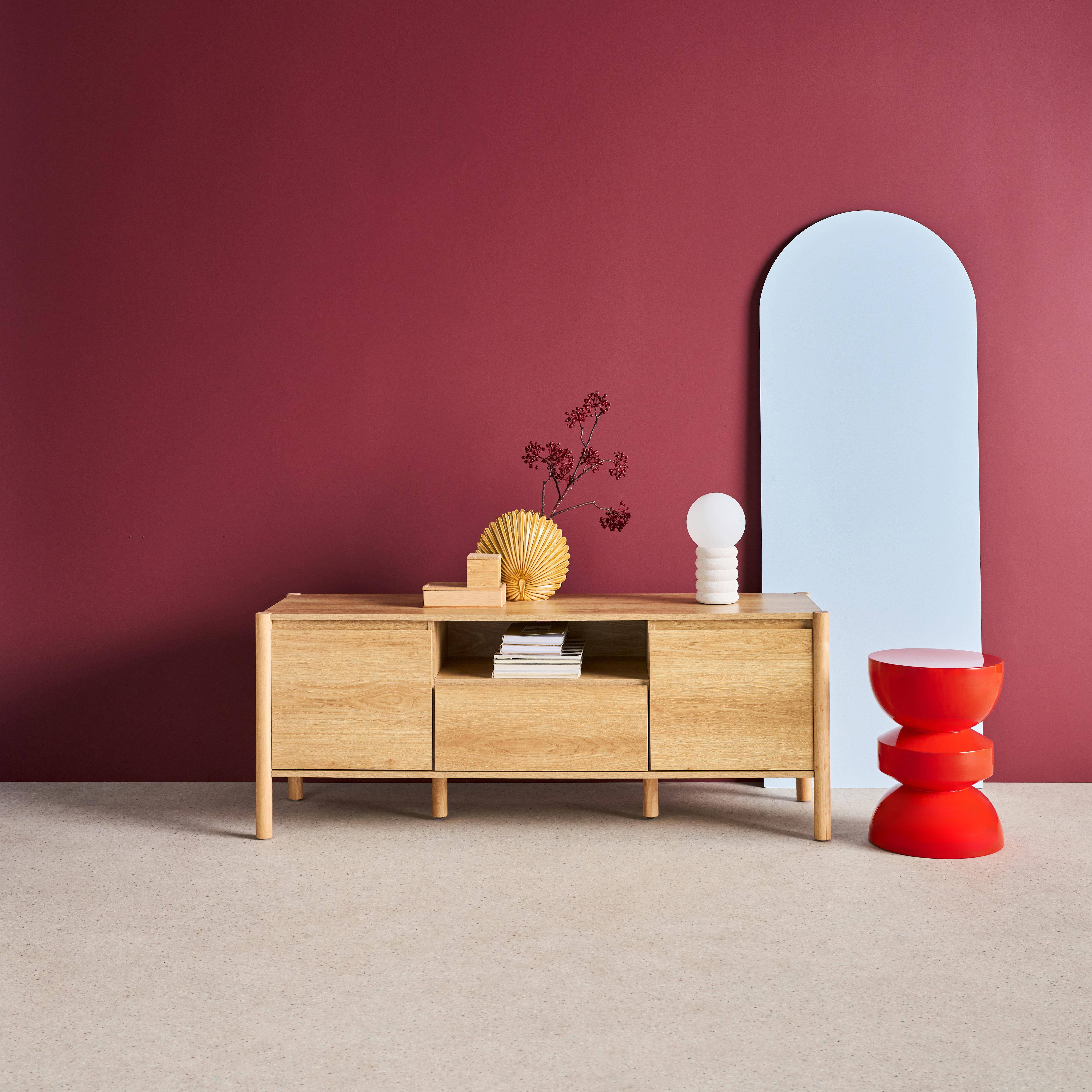 Meuble TV décor bois 2 portes 1 tiroir 140cm naturel - 140 x 42 x 55 cm - Harmony Photo1