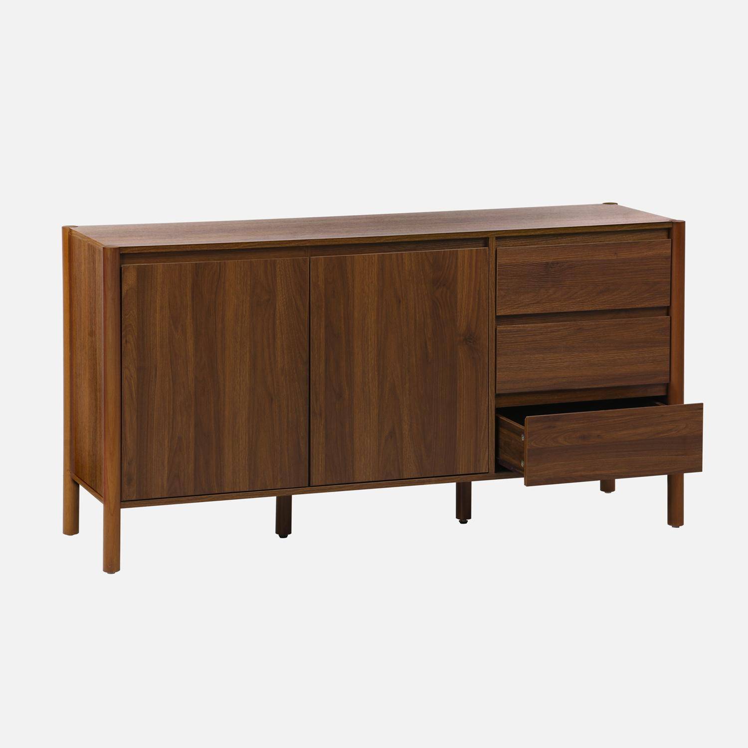 Buffet décor bois 2 portes 3 tiroirs 150cm noyer - 150 x 42 x 78,5 cm - Harmony Photo2
