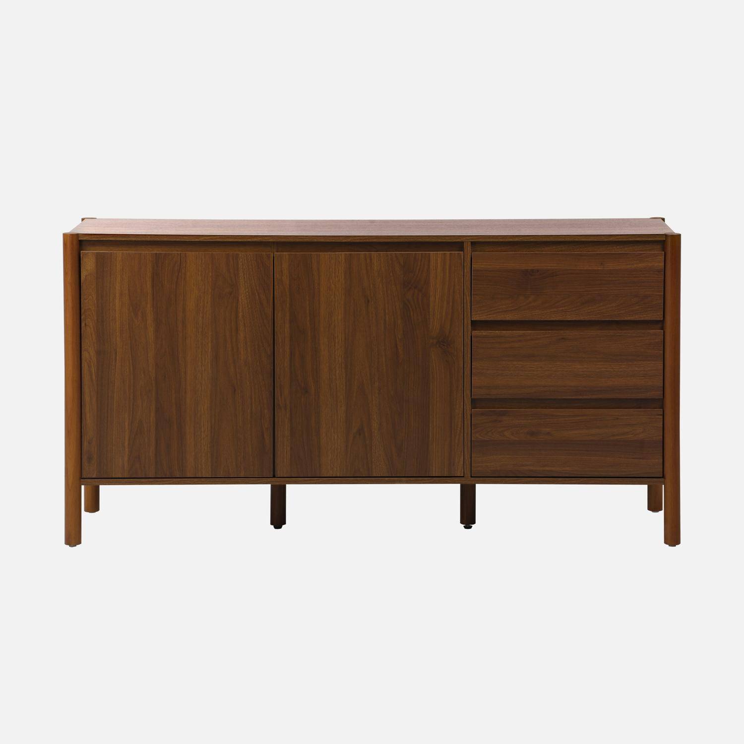 Buffet décor bois 2 portes 3 tiroirs 150cm noyer - 150 x 42 x 78,5 cm - Harmony Photo3