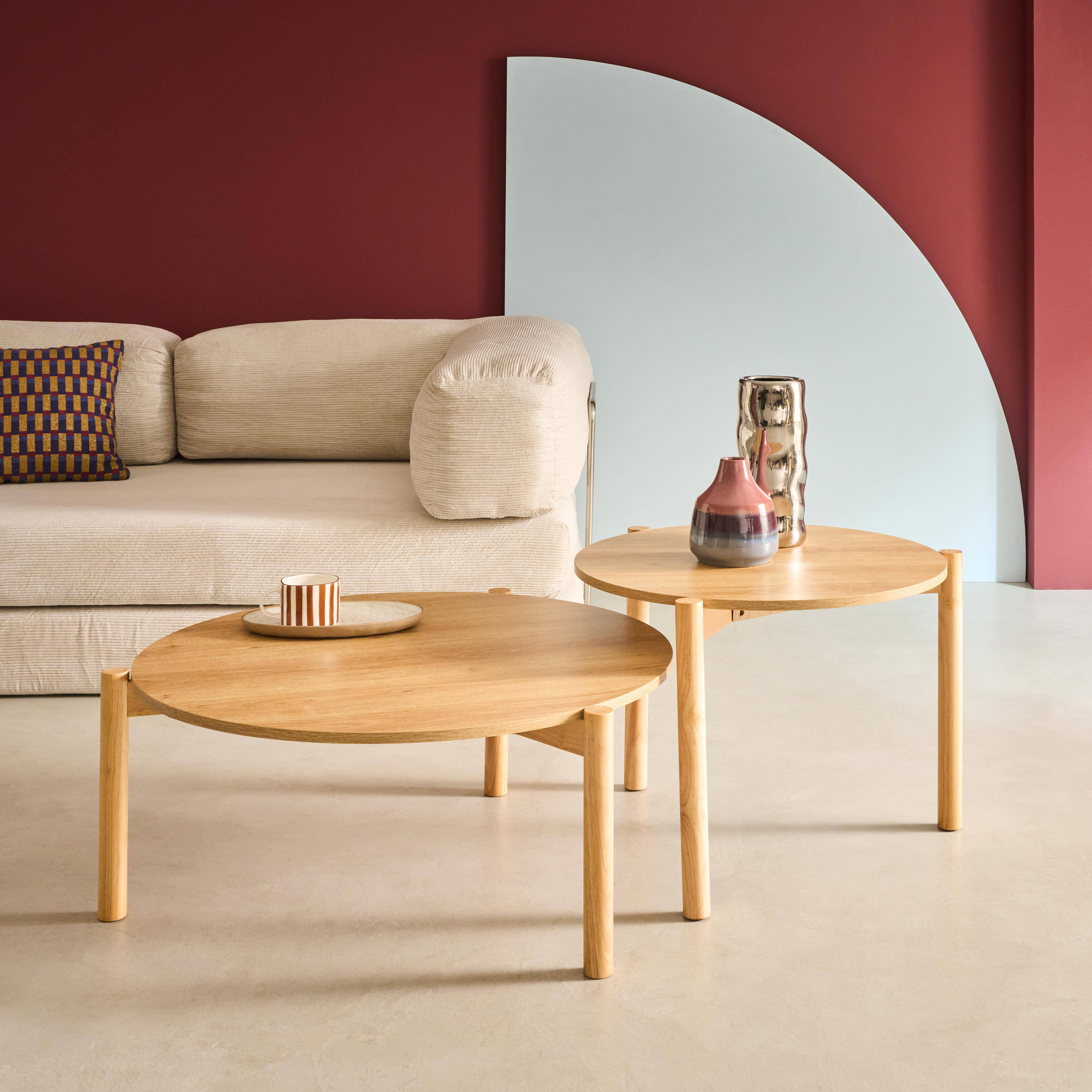 2er-Set runde Tische Holzdekor,  Füße aus Heveaholz, Naturfarbe - Harmony,sweeek,Photo1