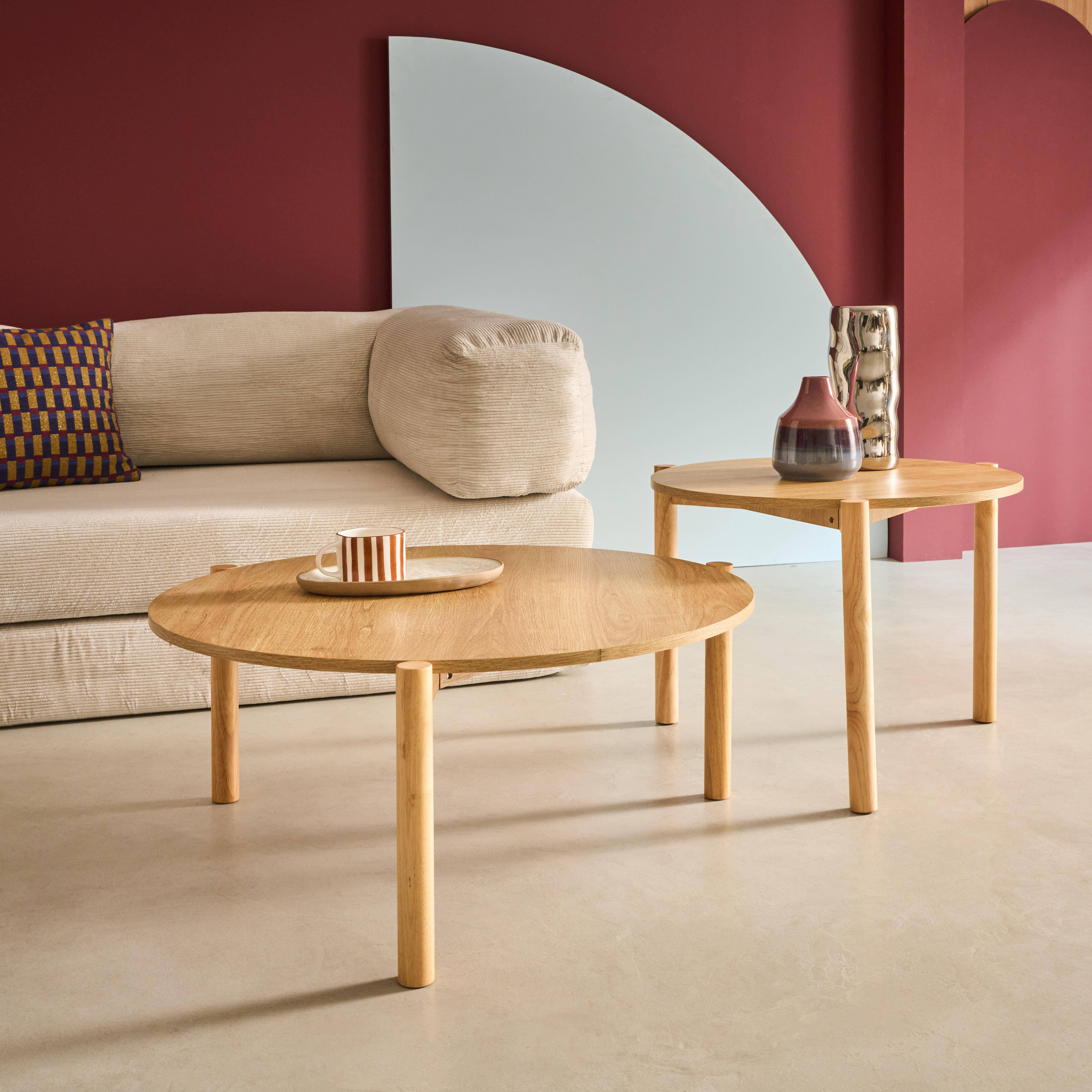 2er-Set runde Tische Holzdekor,  Füße aus Heveaholz, Naturfarbe - Harmony,sweeek,Photo2