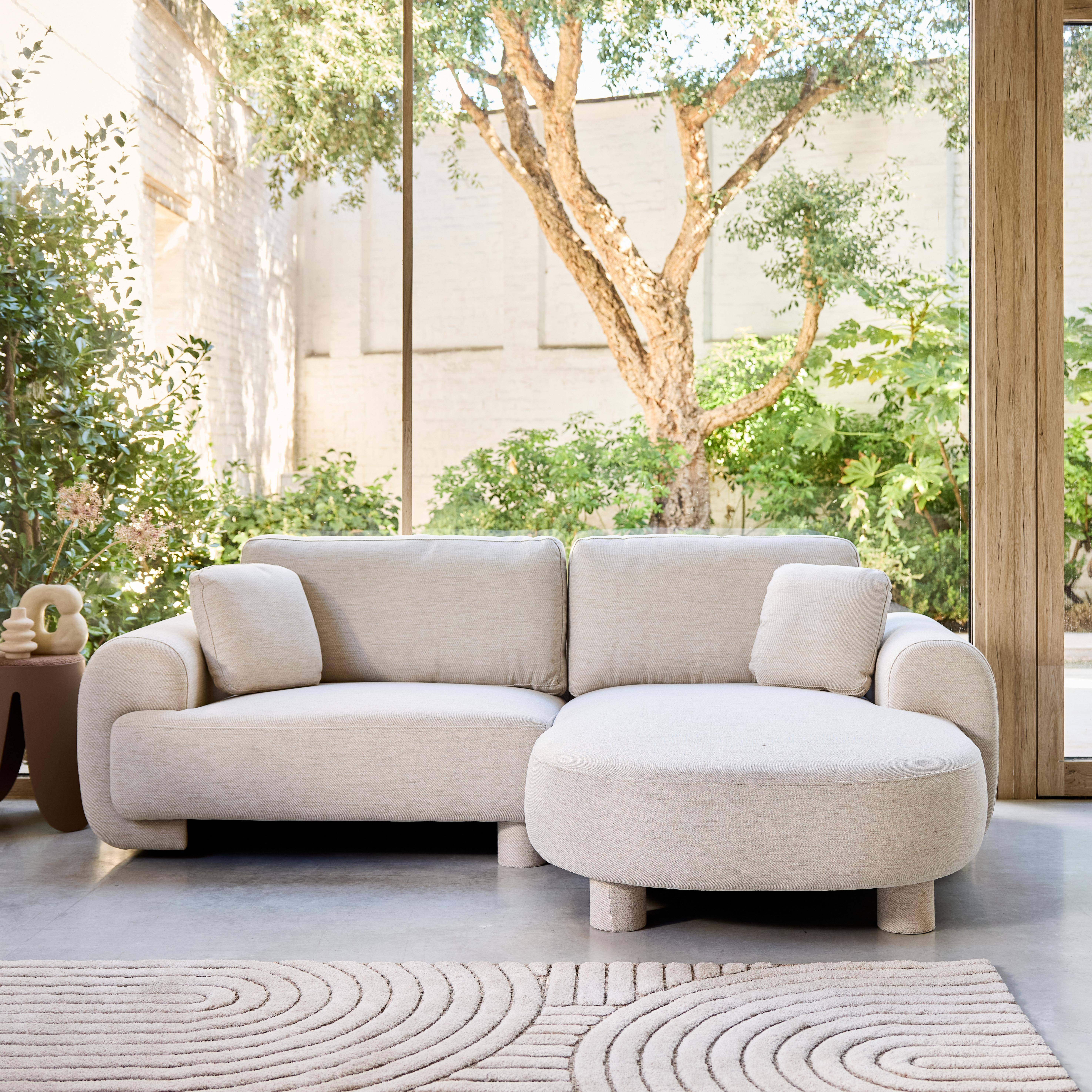 Canapé d'angle droite 3 places tissu crème, pieds ronds L 231 x P 160 / 88 cm - Zenio Photo1
