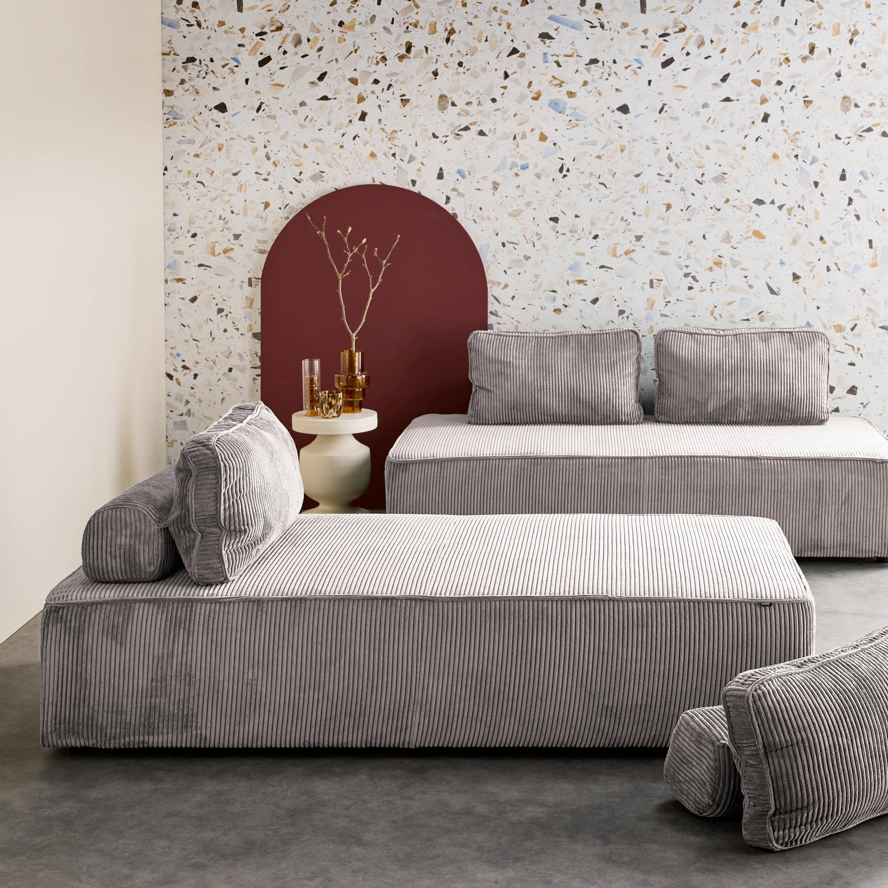 Cadeira para sofá modular 2 lugares veludo canelado set de 2, Lao, Cinza Claro, 180x90x78 cm Photo2