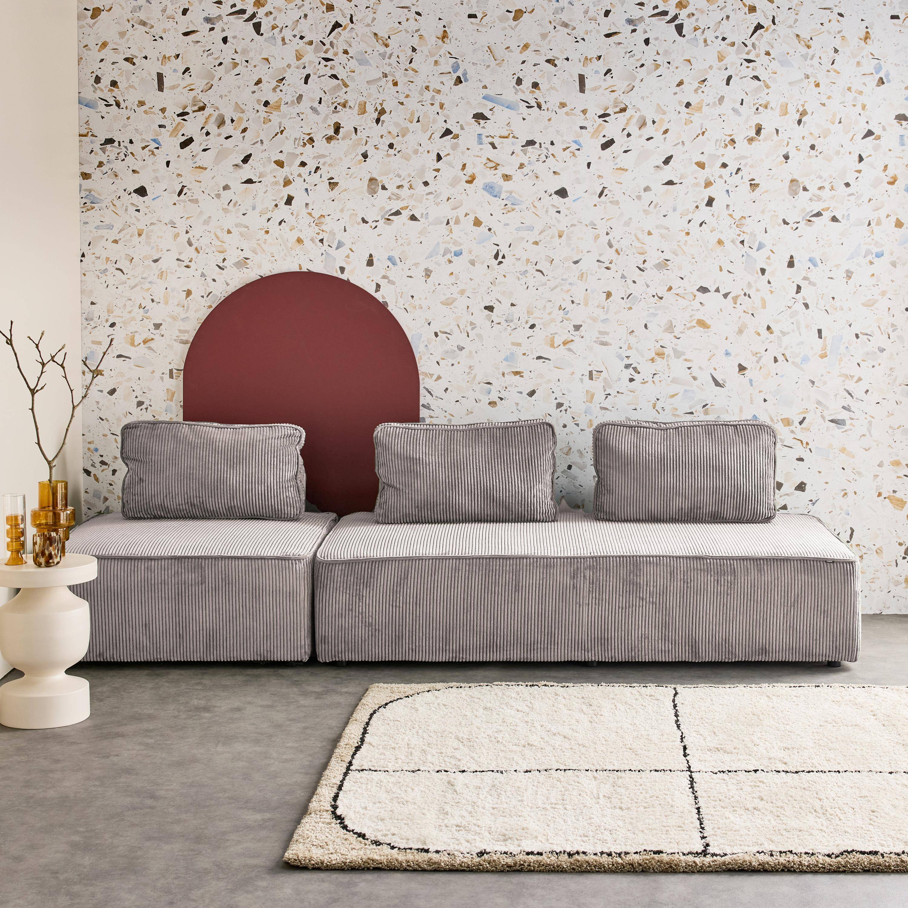 Conjunto de poltronas para sofá modular em veludo cotelê de 3 lugares, Lao, Cinza Claro, 180x90x78 cm Photo2