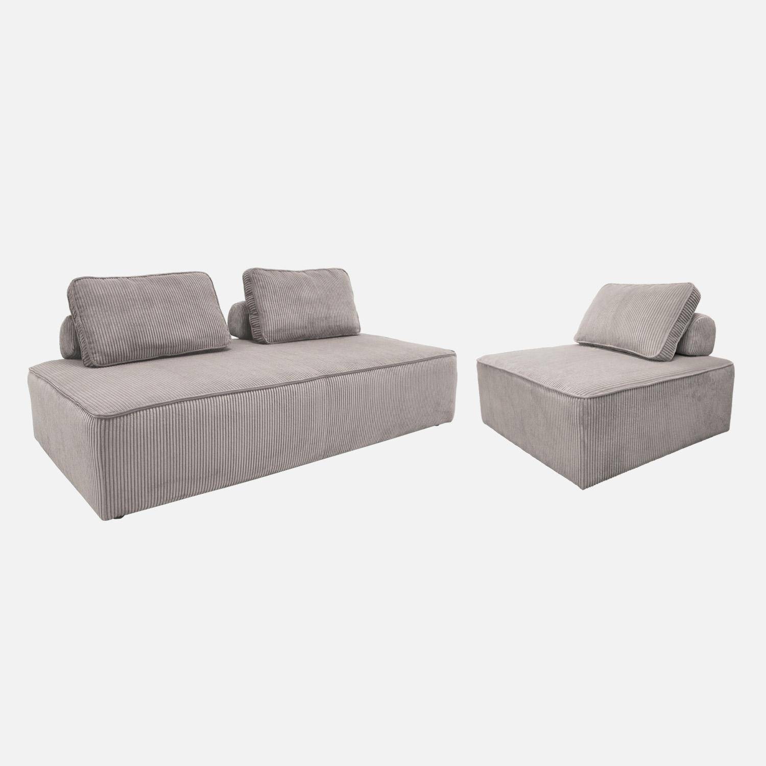 Conjunto de sillones para sofá modular de 3 plazas de terciopelo de pana fina, Lao, Gris claro, 180x90x78 cm Photo1