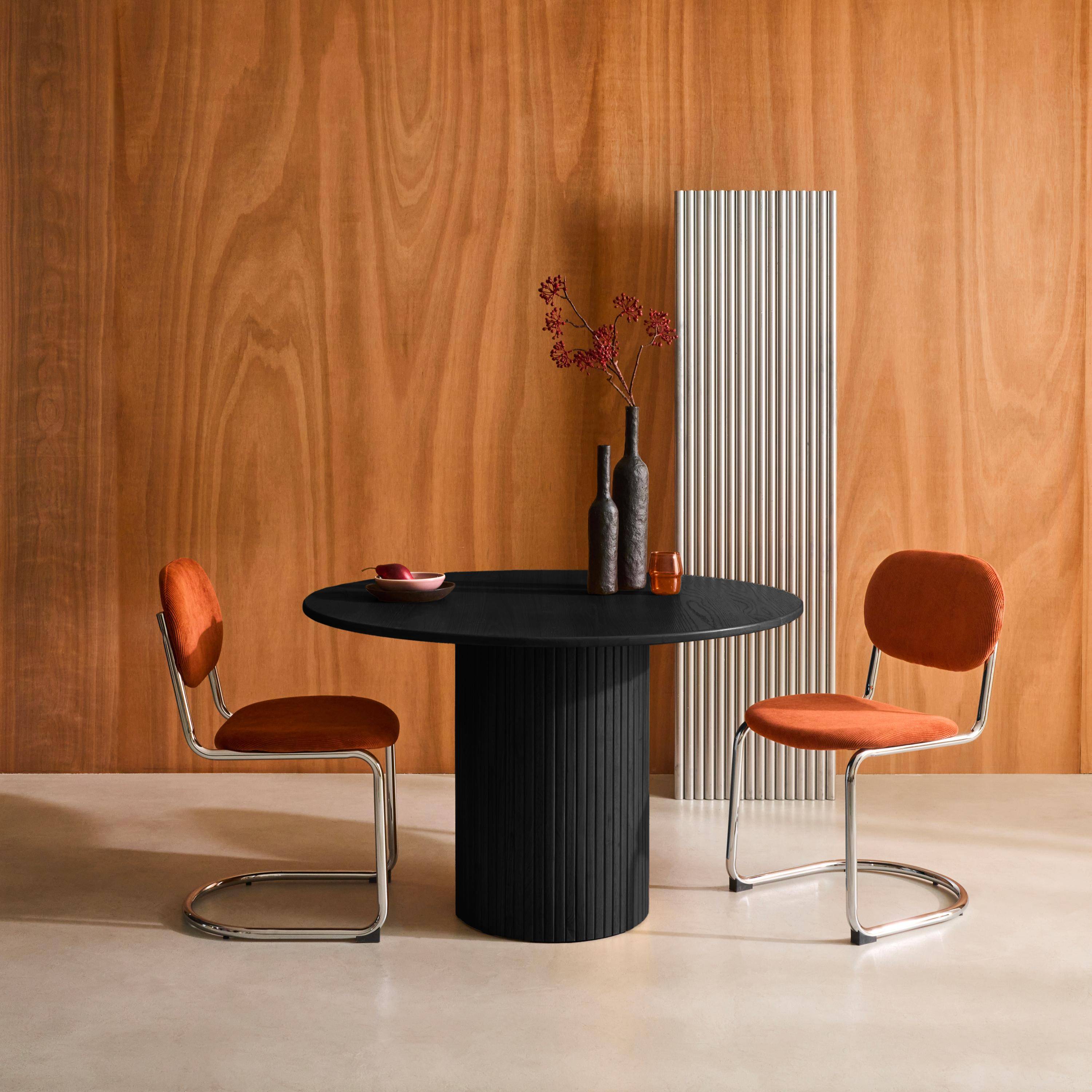 Round rubberwood dining table and oak veneer 4 seats, Black, 115x115x73 cm - Estelle,sweeek,Photo1