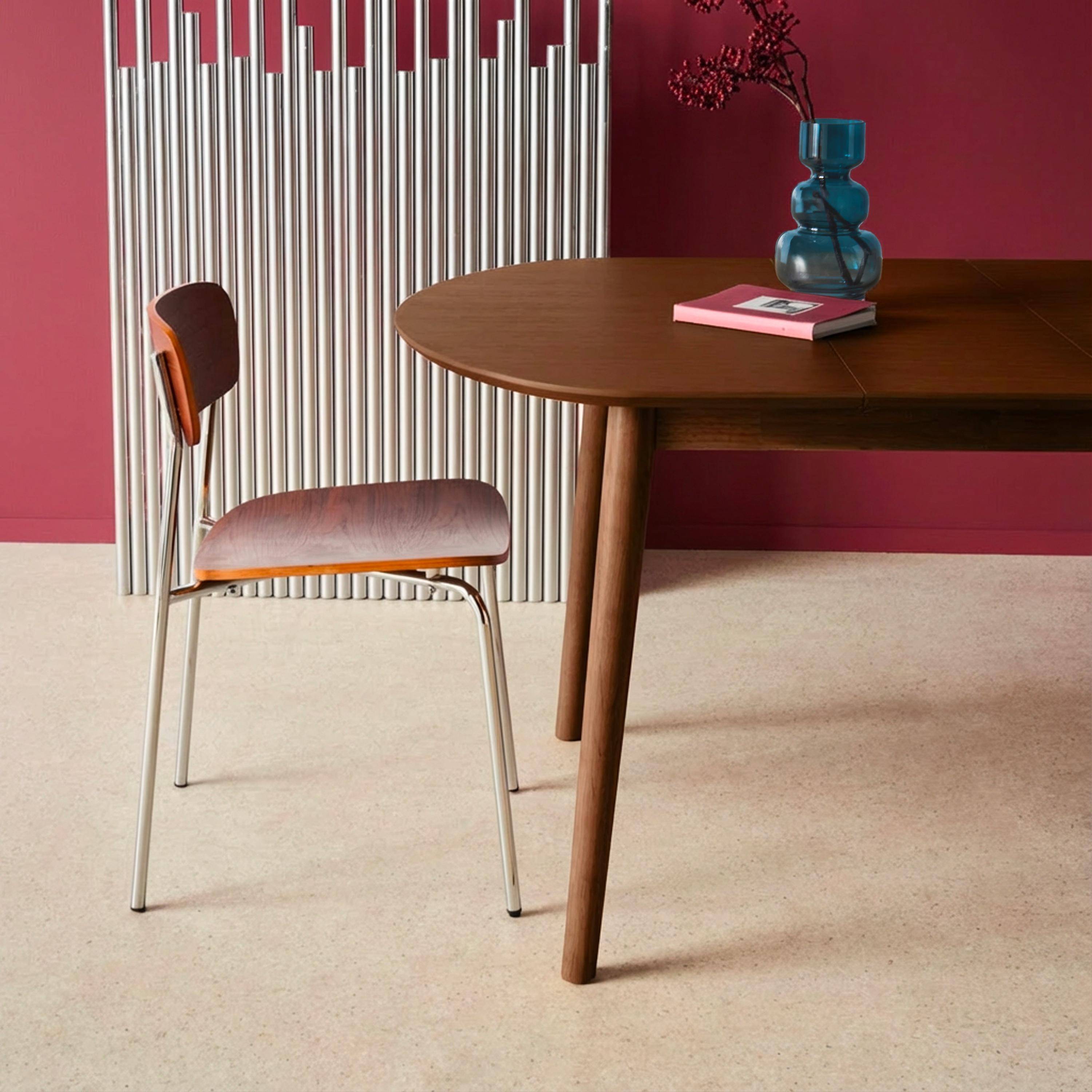 Ovale uitschuifbare eettafel van rubberhout en eikfineer 4-6 plaatsen walnoot 110 / 140 x 100 x 75 cm - Lisa,sweeek,Photo4