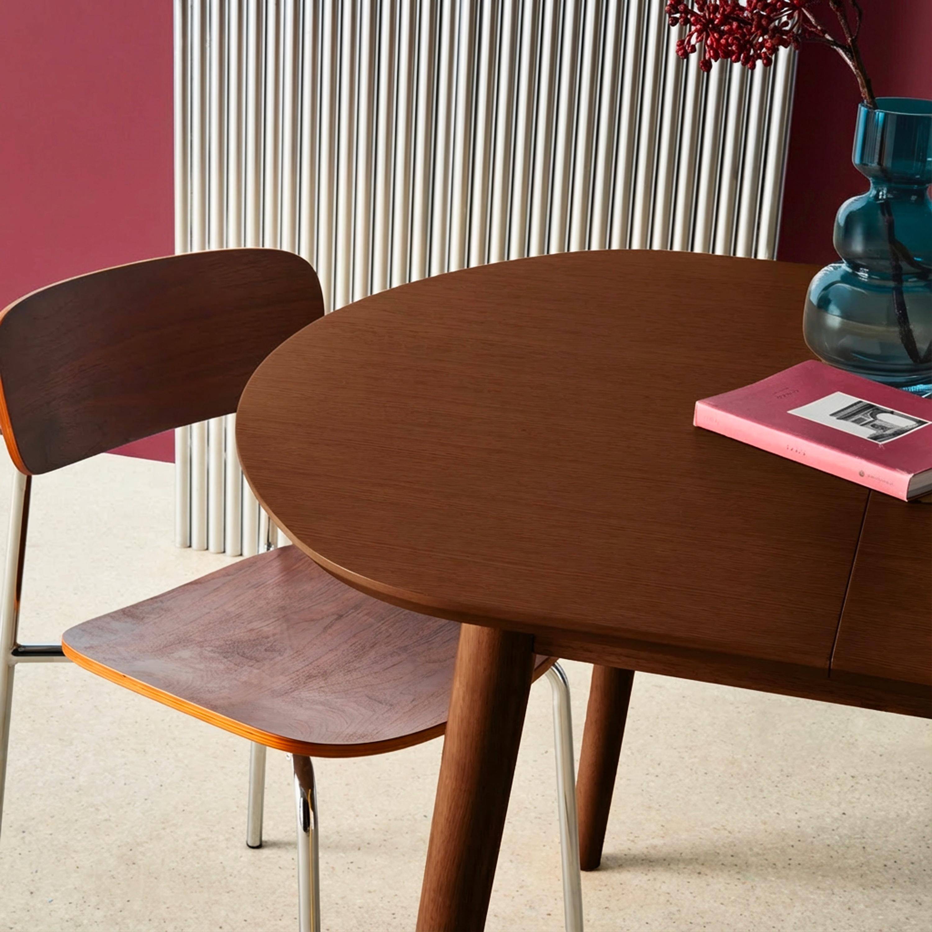 Ovale uitschuifbare eettafel van rubberhout en eikfineer 4-6 plaatsen walnoot 110 / 140 x 100 x 75 cm - Lisa,sweeek,Photo5