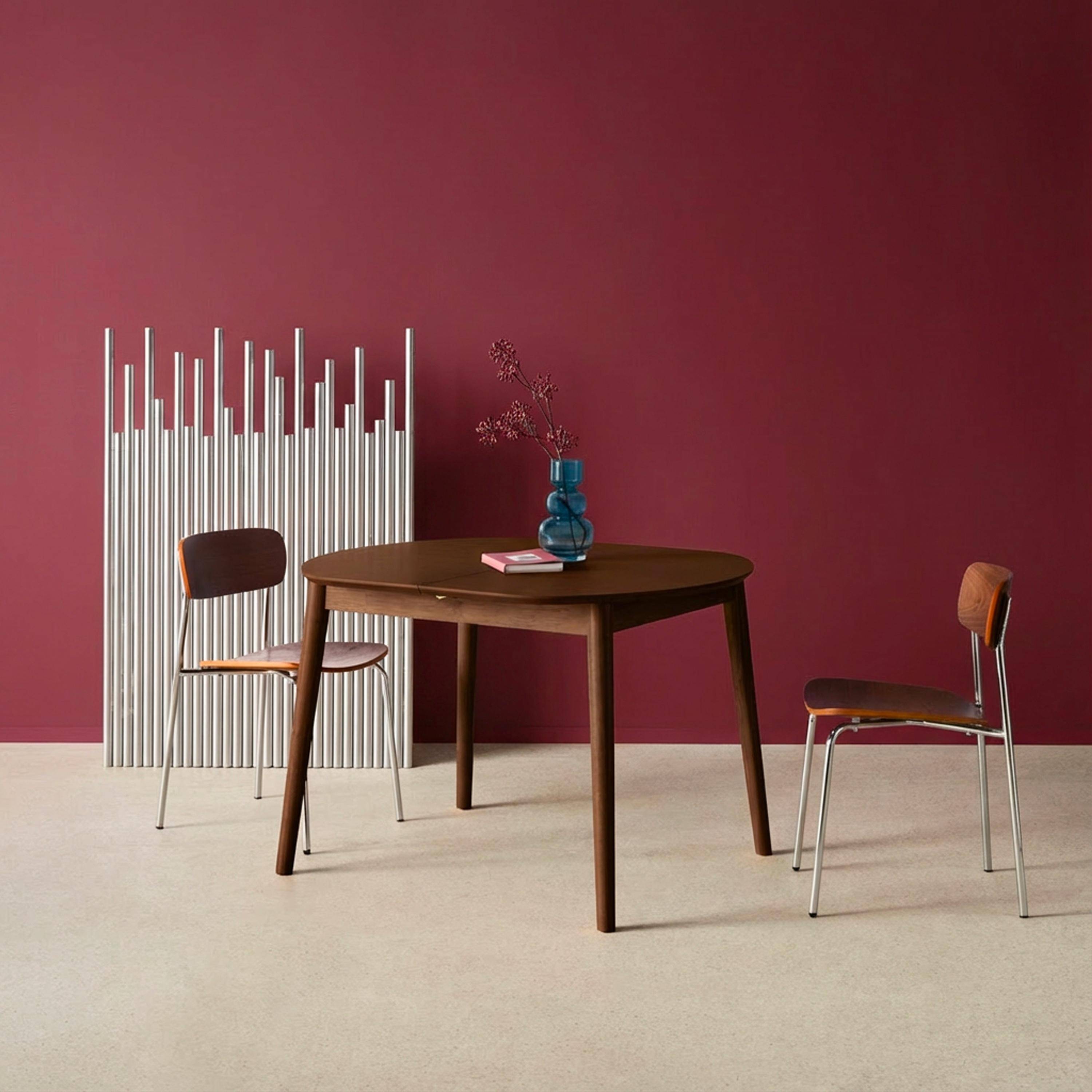 Ovale uitschuifbare eettafel van rubberhout en eikfineer 4-6 plaatsen walnoot 110 / 140 x 100 x 75 cm - Lisa,sweeek,Photo3